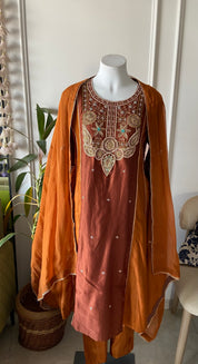Esha Handwork Mul Chanderi Dress- Brown