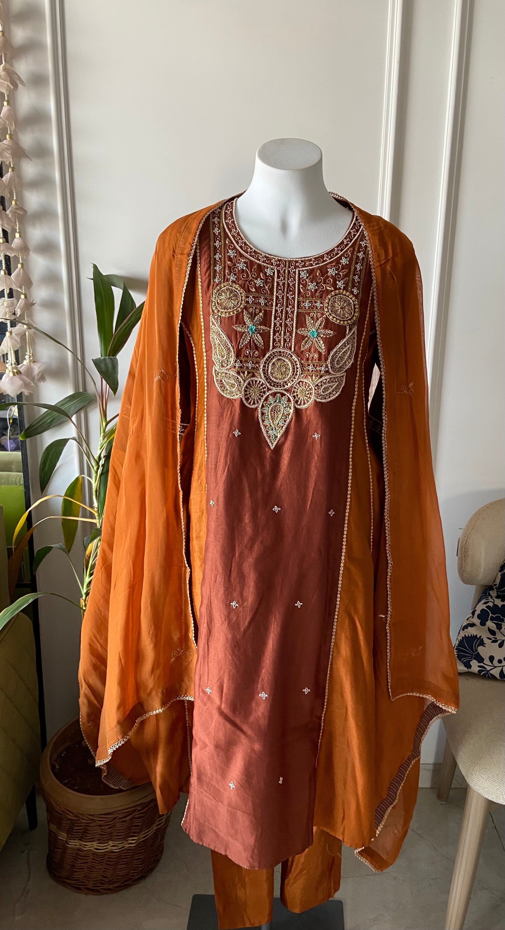 Esha Handwork Mul Chanderi Dress- Brown