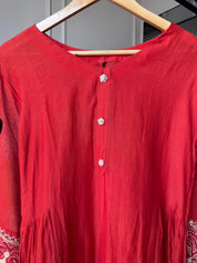 Shreya Sleeves Handwork Mul Chanderi Dress- Rust