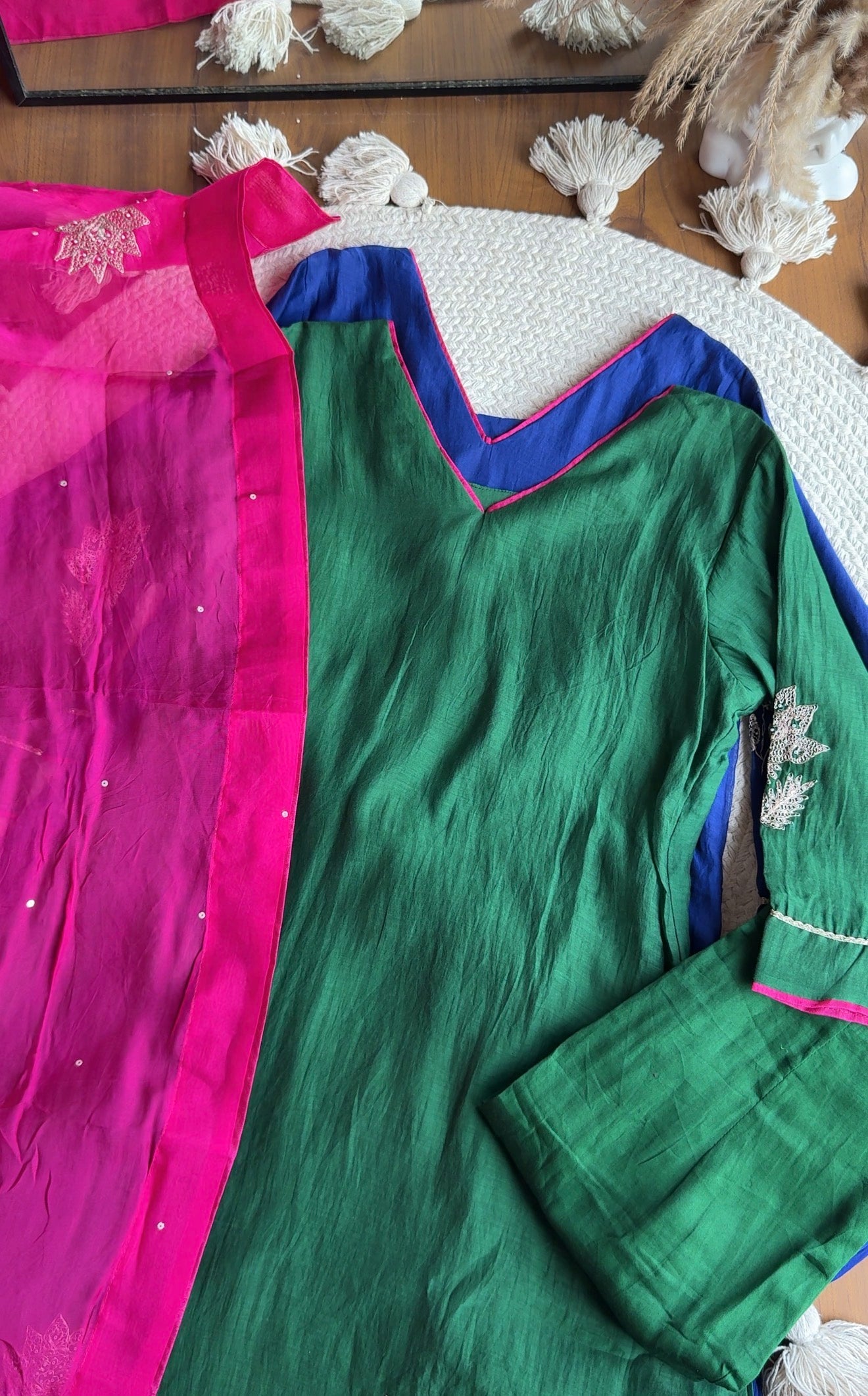 Charvi Contrast Dupatta Mul Chanderi Dress- Bottle Green