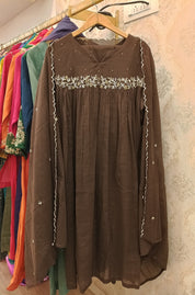 Lina Embroided Cotton Dress- Brown