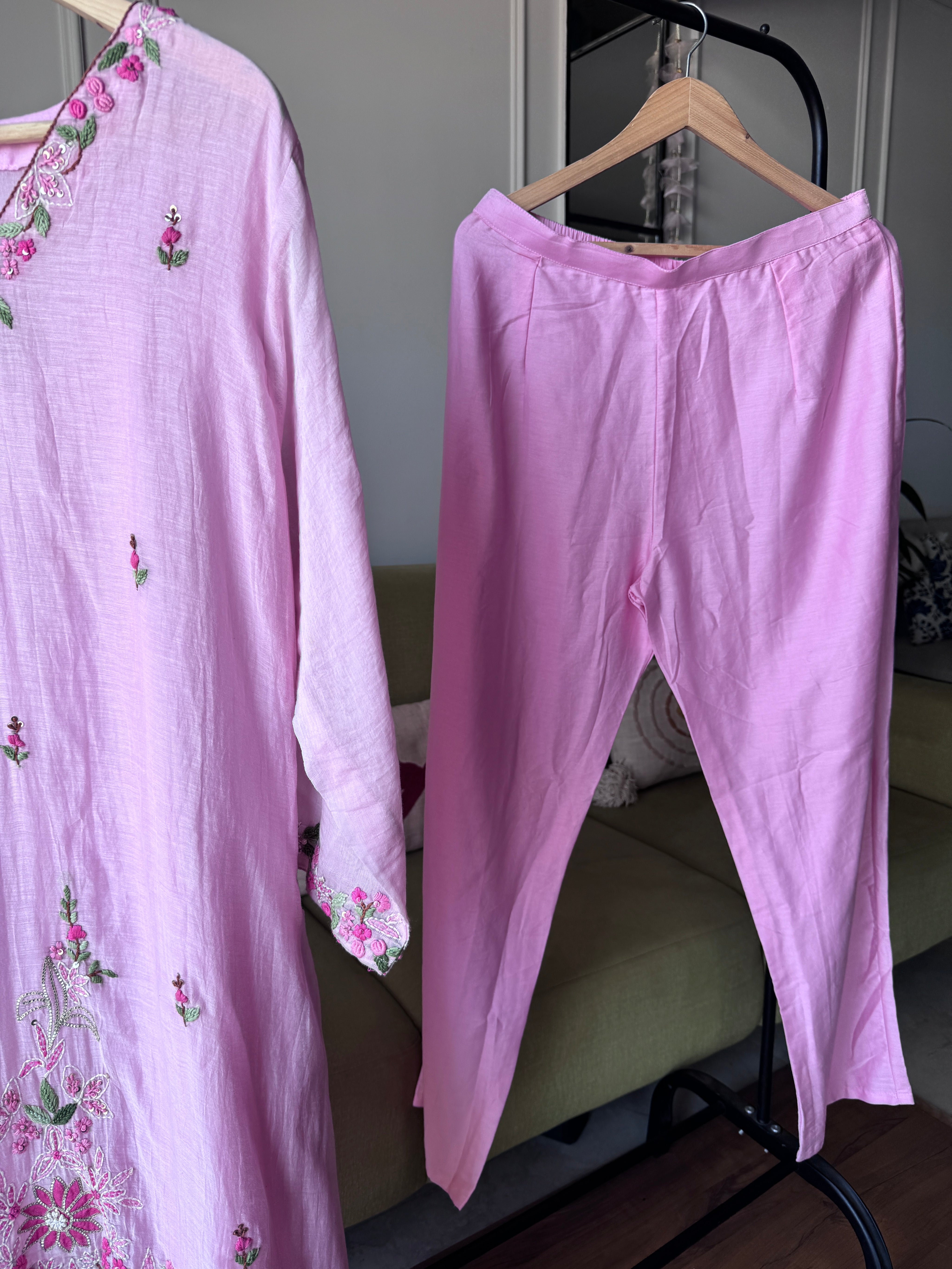 Apoorva Katha Work Mul Chanderi Dress-Baby Pink (Make to Order)