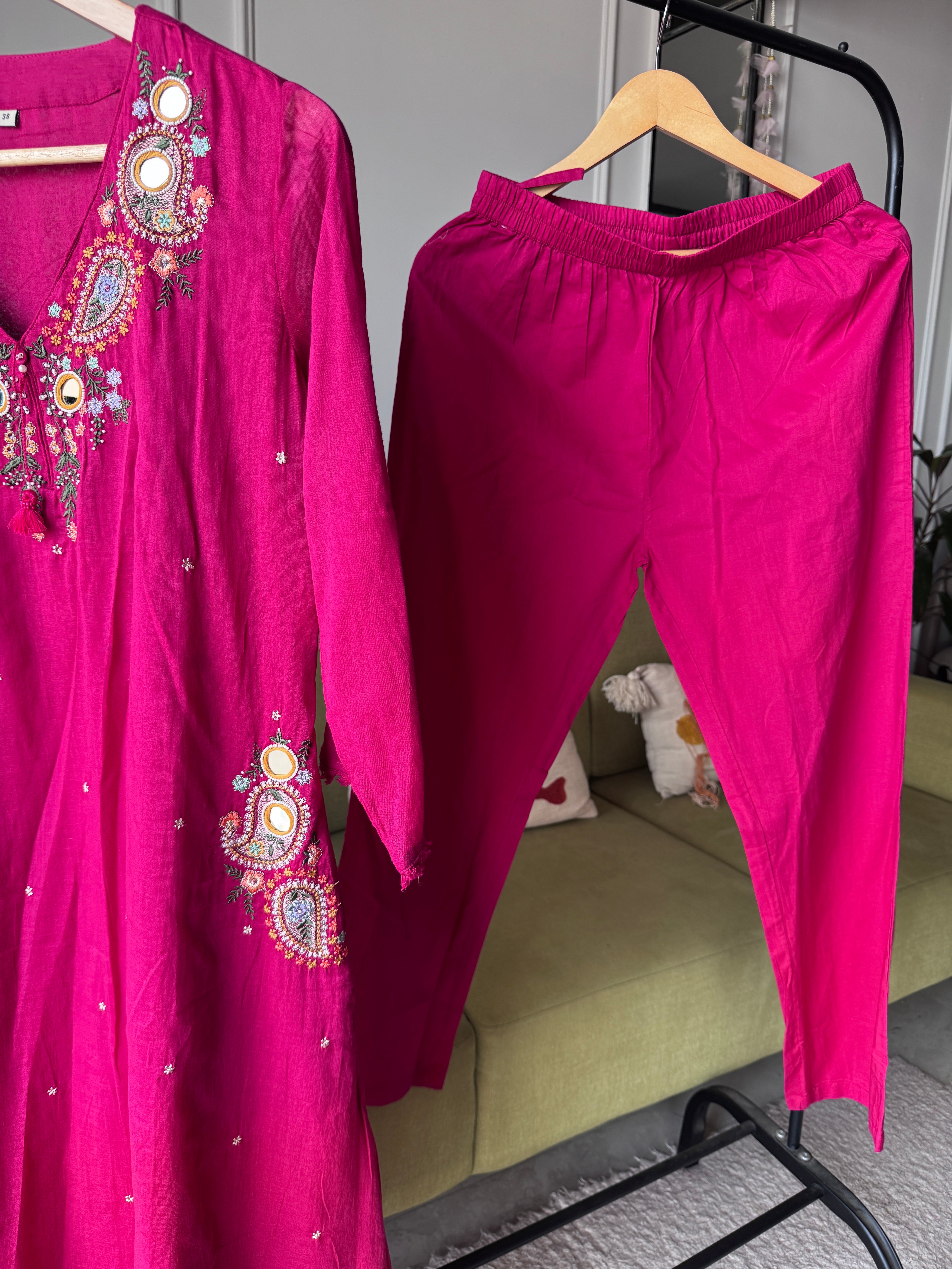 Mannat Pocket Embroided Mul Cotton Dress- Pink