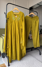 Paro Mul Chanderi Alia Neck Handwork  Dress- Mehndi Green