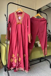 Asifa Patchwork Muslin  Dress- Maroon