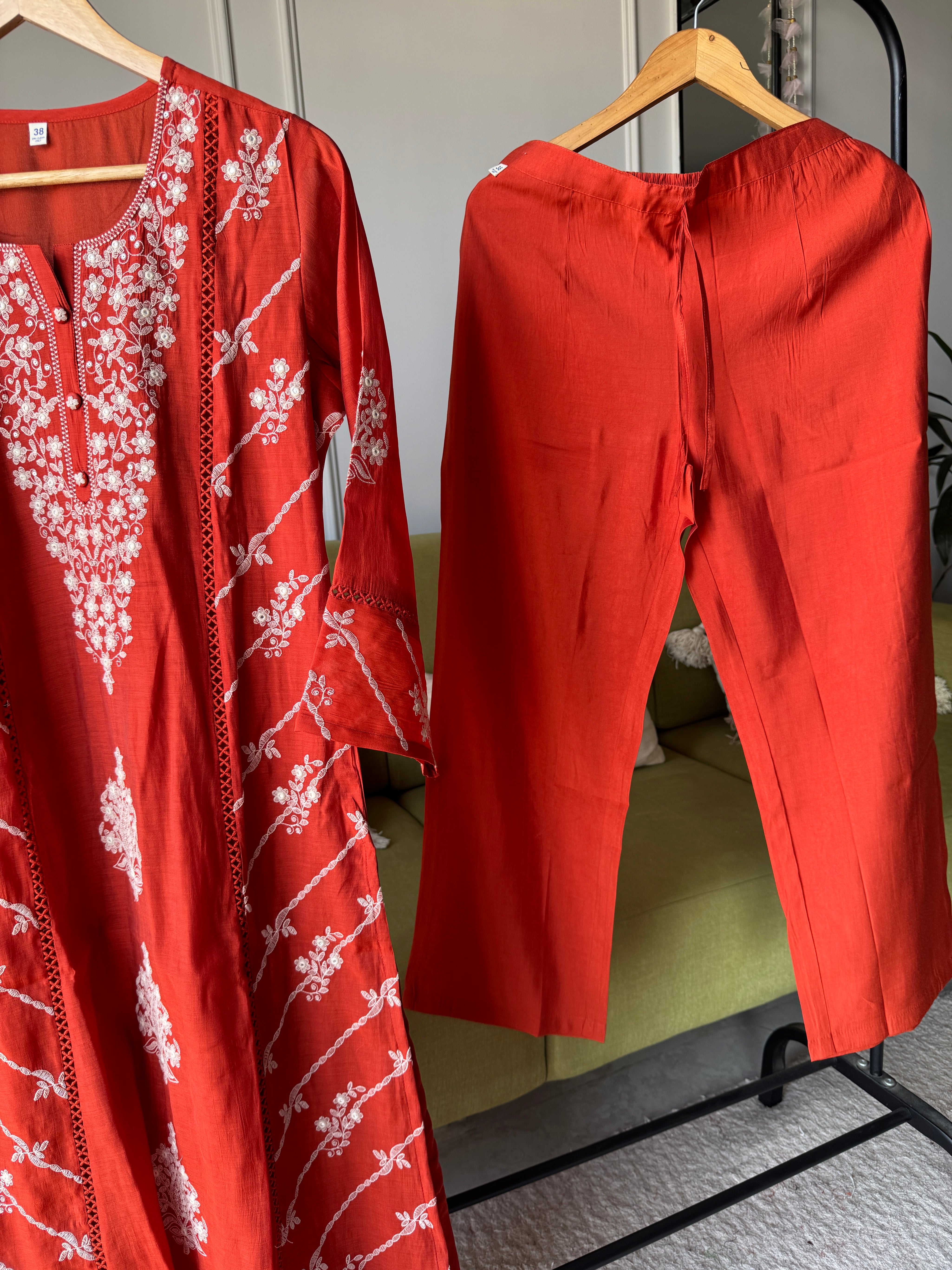 Zhalak Thread Work Side Cut Dress- Rust