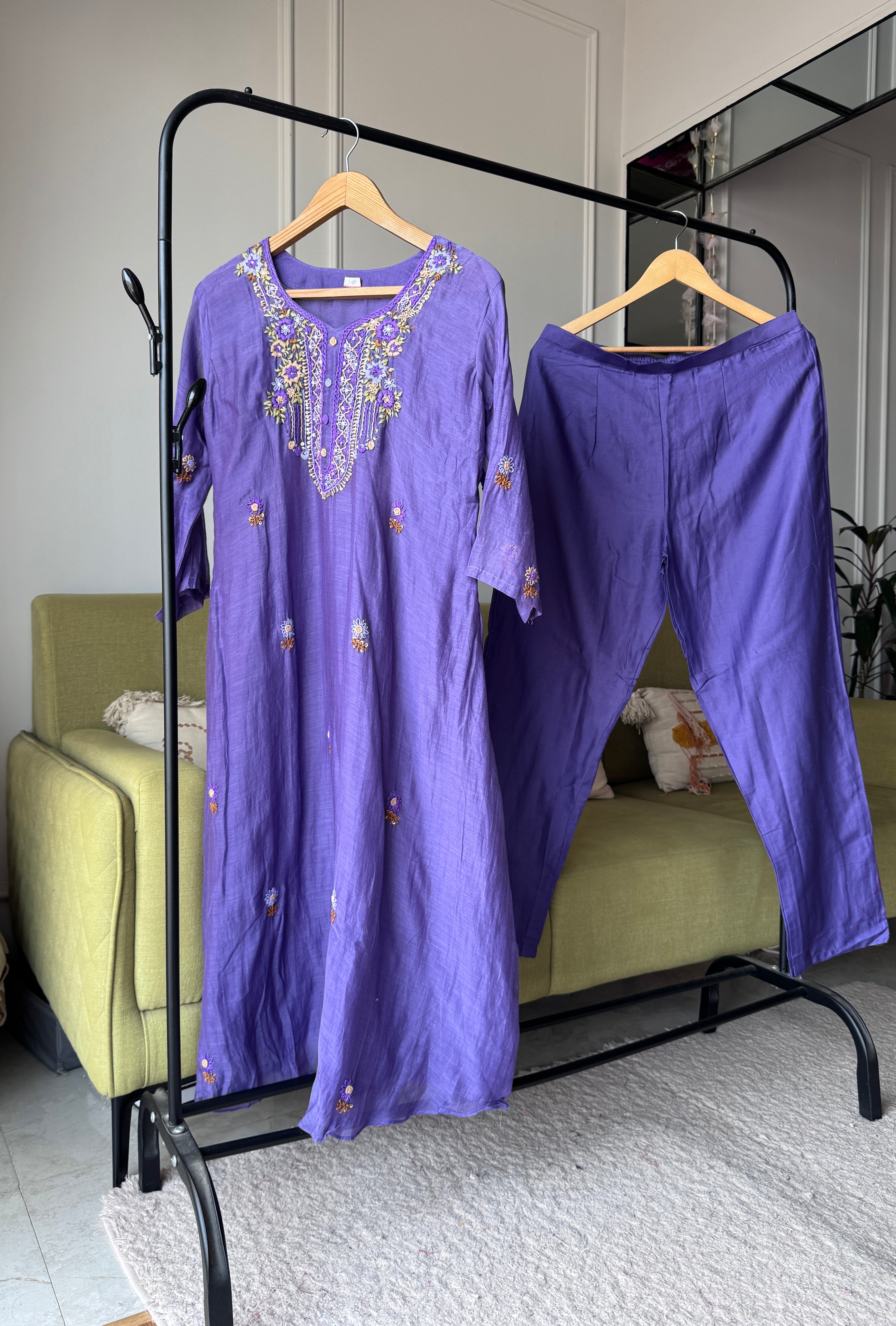 Shilpa Embroided Mul Chanderi Dress- Lavender