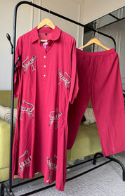 Cotton collared 2pc Set- Red