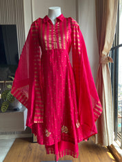 Sneha Stripe Collar Neck Mul Chanderi Dress- Pink