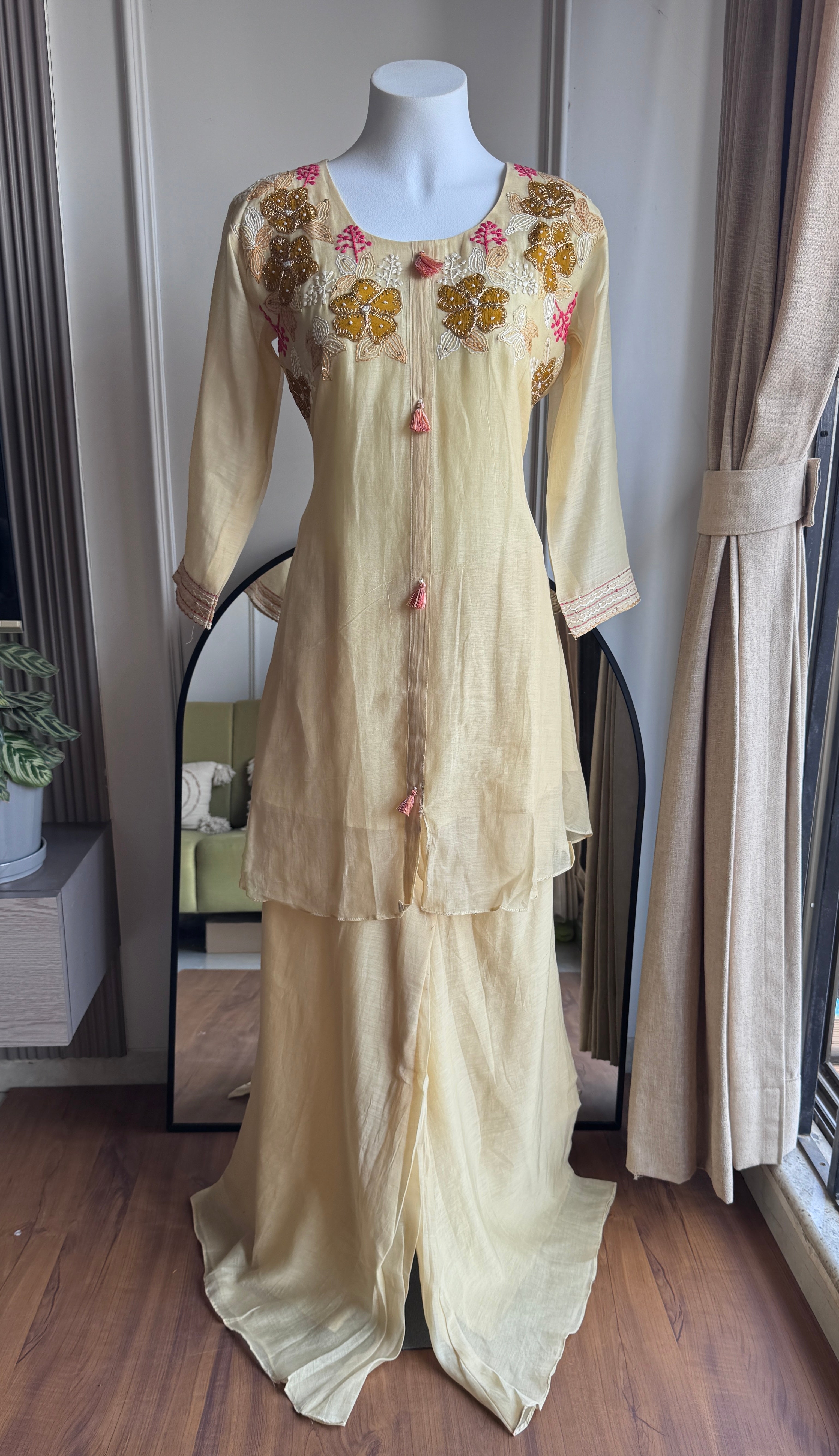 Soniya Handwork Mul Chanderi Set-Dusty Yellow (Make to Order)