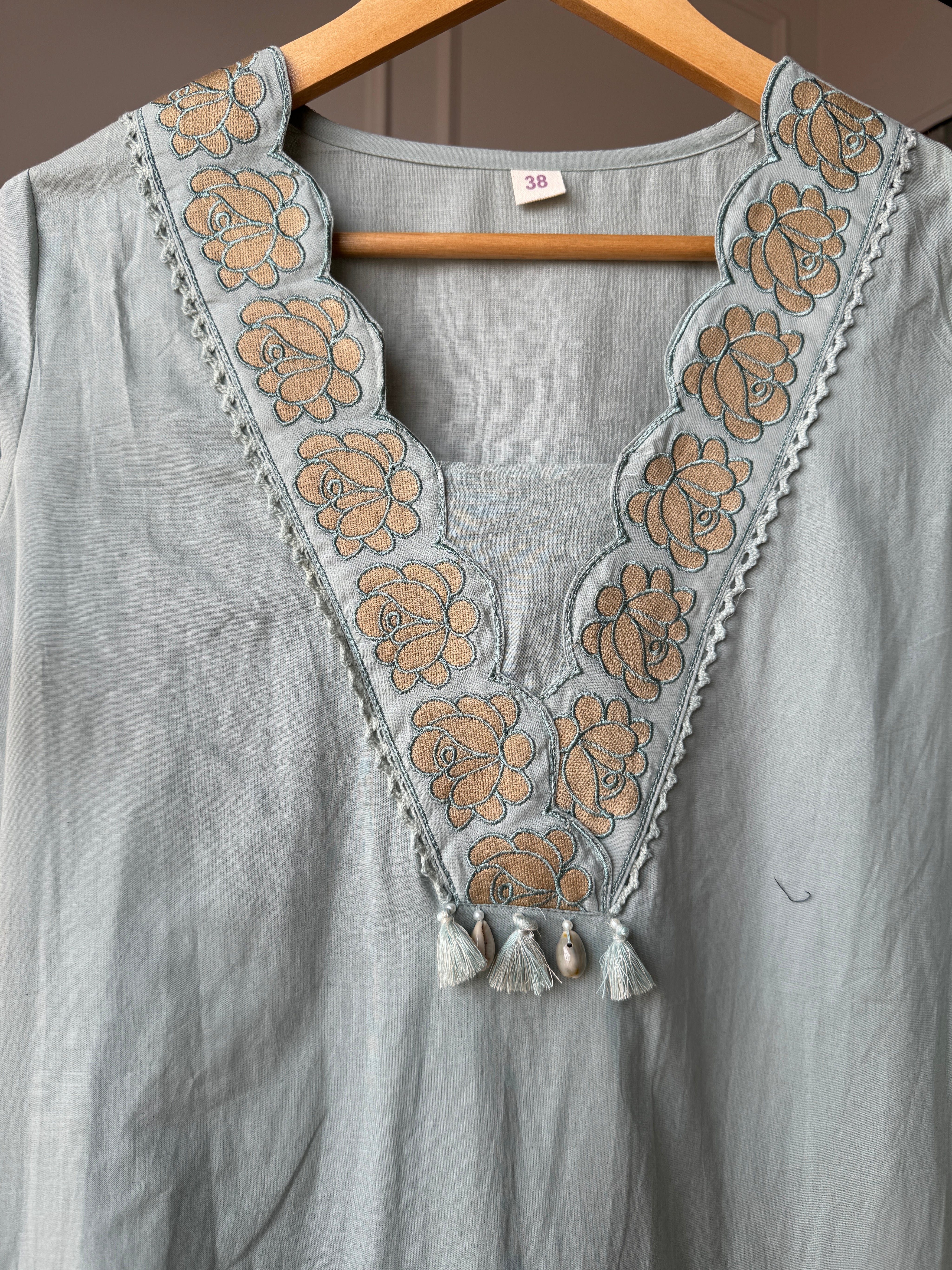 Monika Scalloped Neck Embroided Dress- Dusty Blue