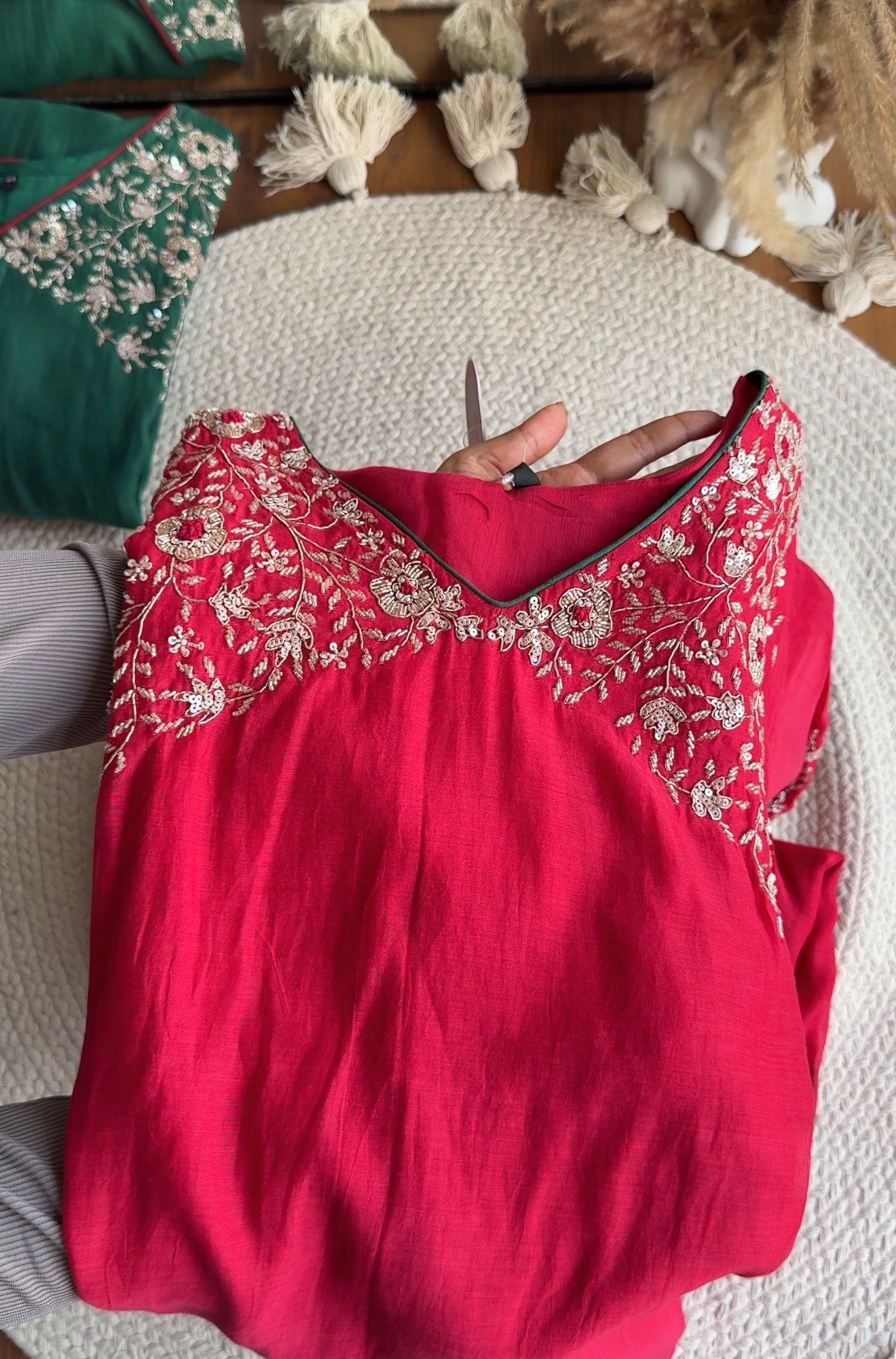 Sima Handwork Mul Chanderi Dress- Red