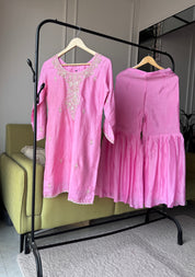 Rajvi Handwork Short Kurta With Plazzo Set- Baby Pink