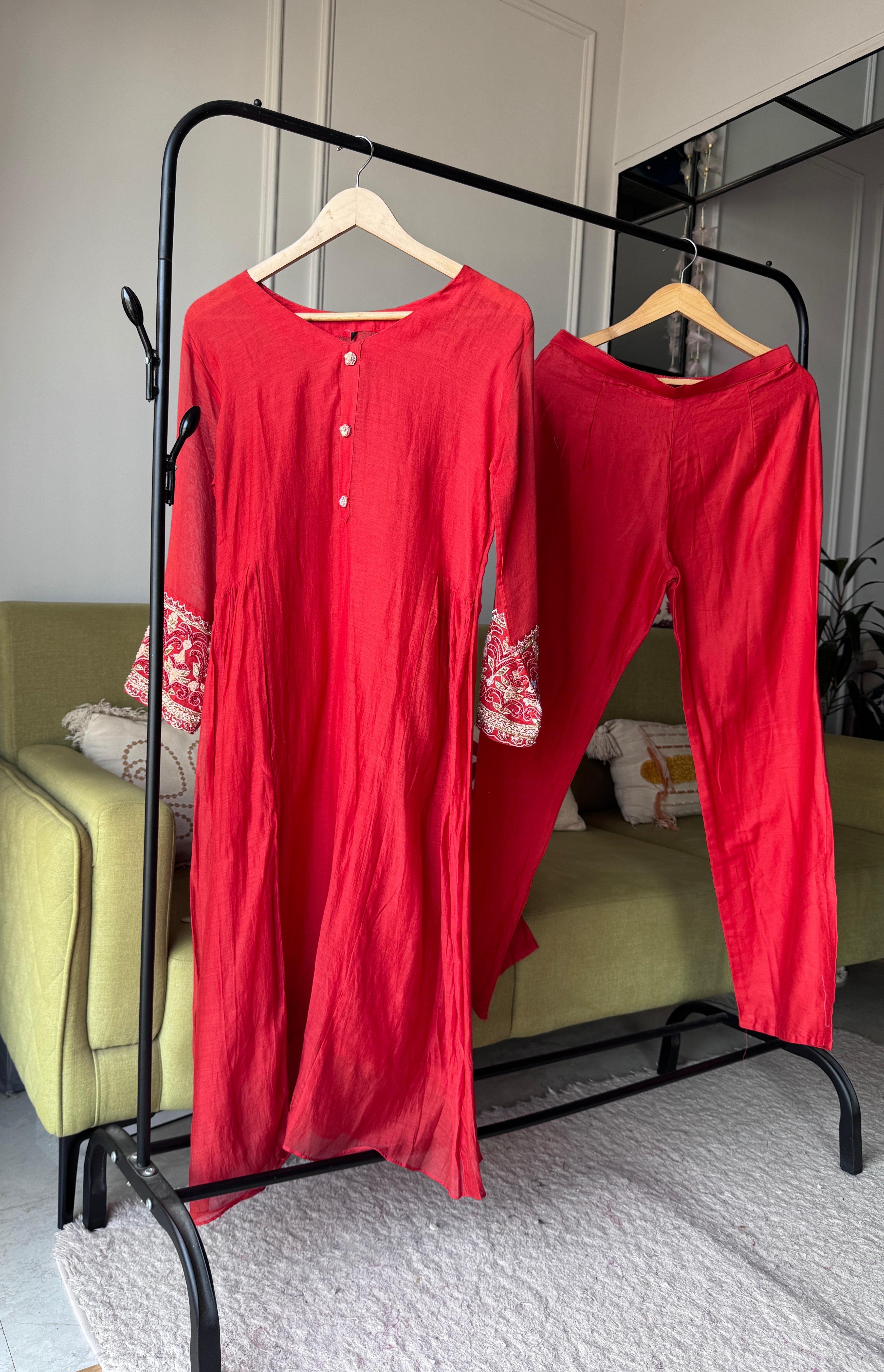 Shreya Sleeves Handwork Mul Chanderi Dress- Rust