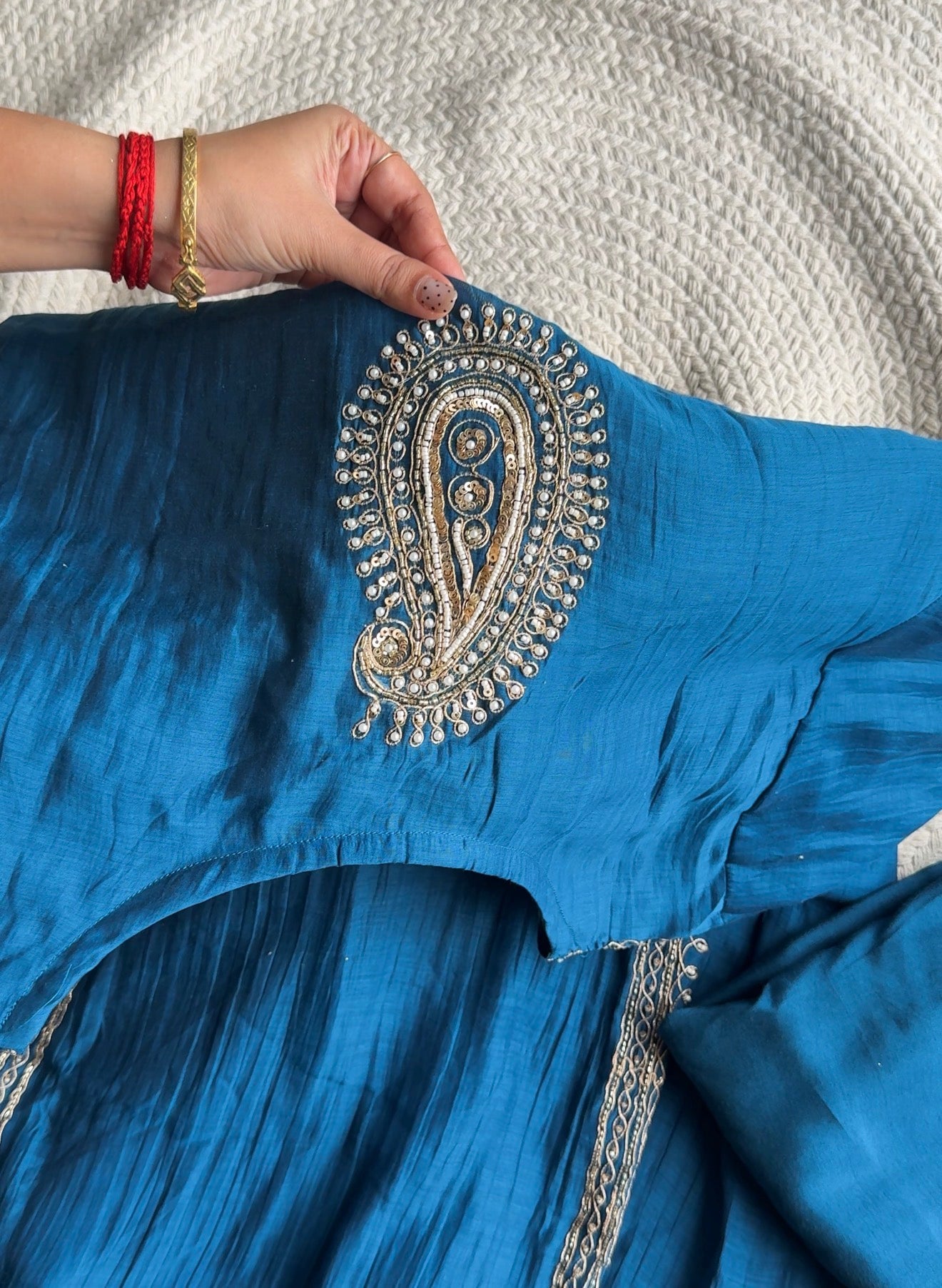 Twinkle Hand Work Mul Chanderi Dress- Blue