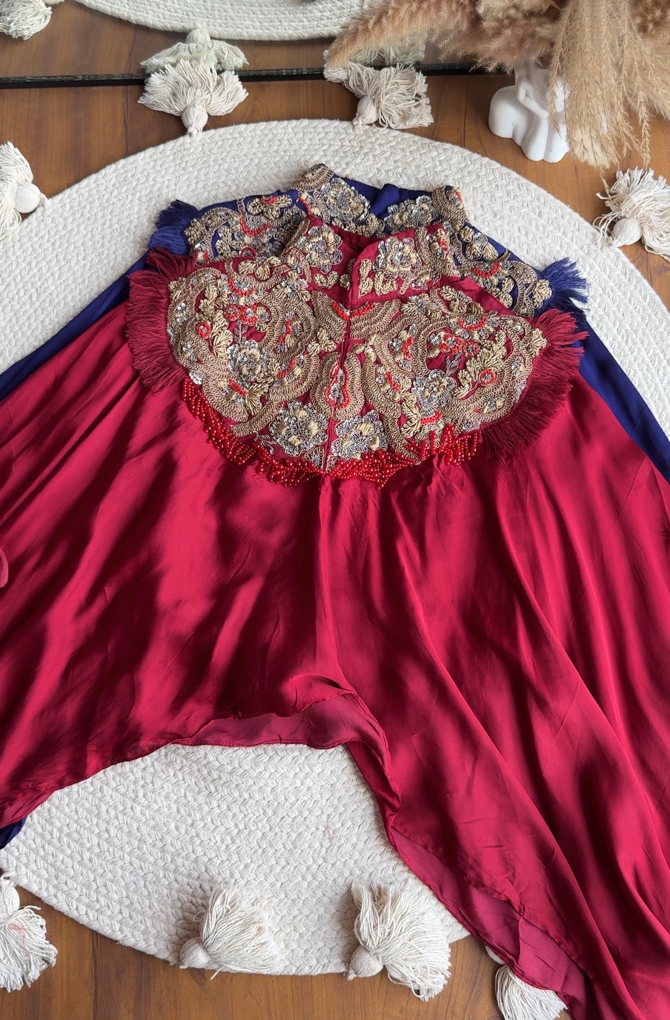 Anushka pure jardozi hand work short kaftan with dhoti- blood red