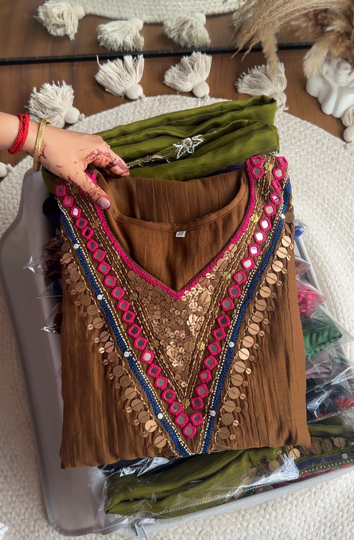 Hiya Mul Chanderi Mirror Work Dress- Golden Brown