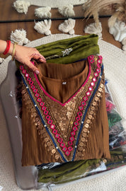 Hiya Mul Chanderi Mirror Work Dress- Golden Brown