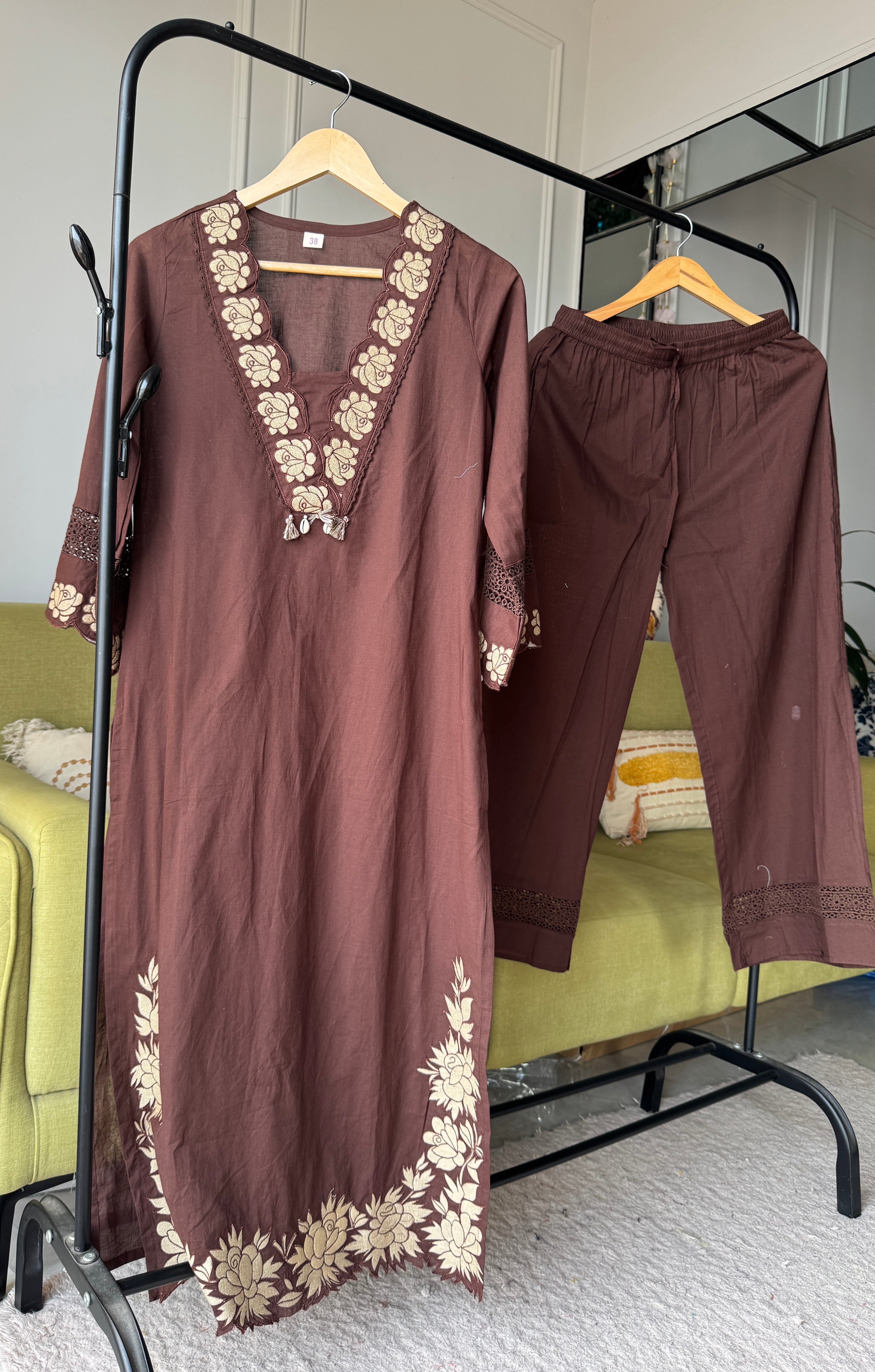 Monika Scalloped Neck Embroided Dress- Brown