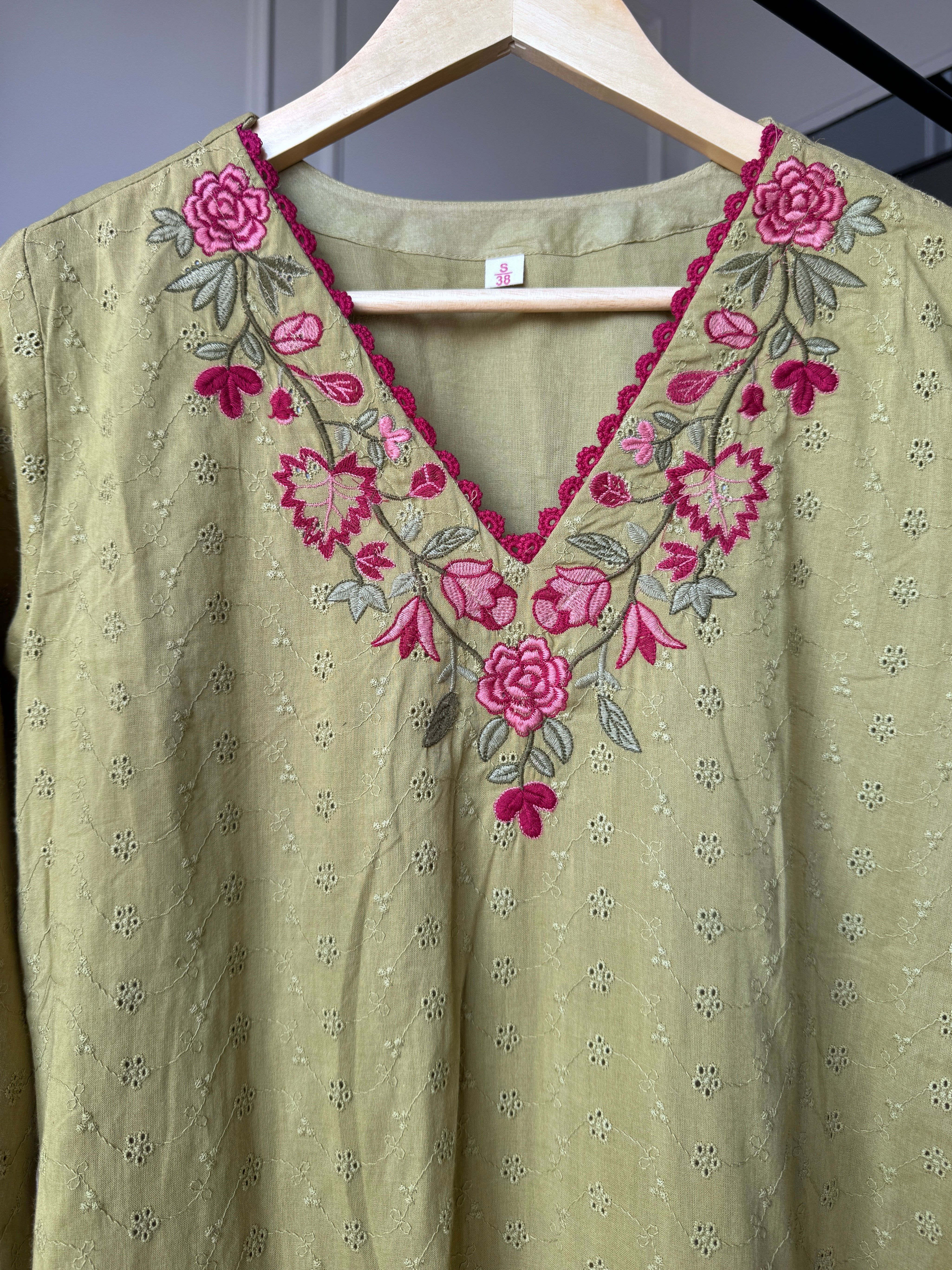 Mahima Embroided Cotton Dress-Green