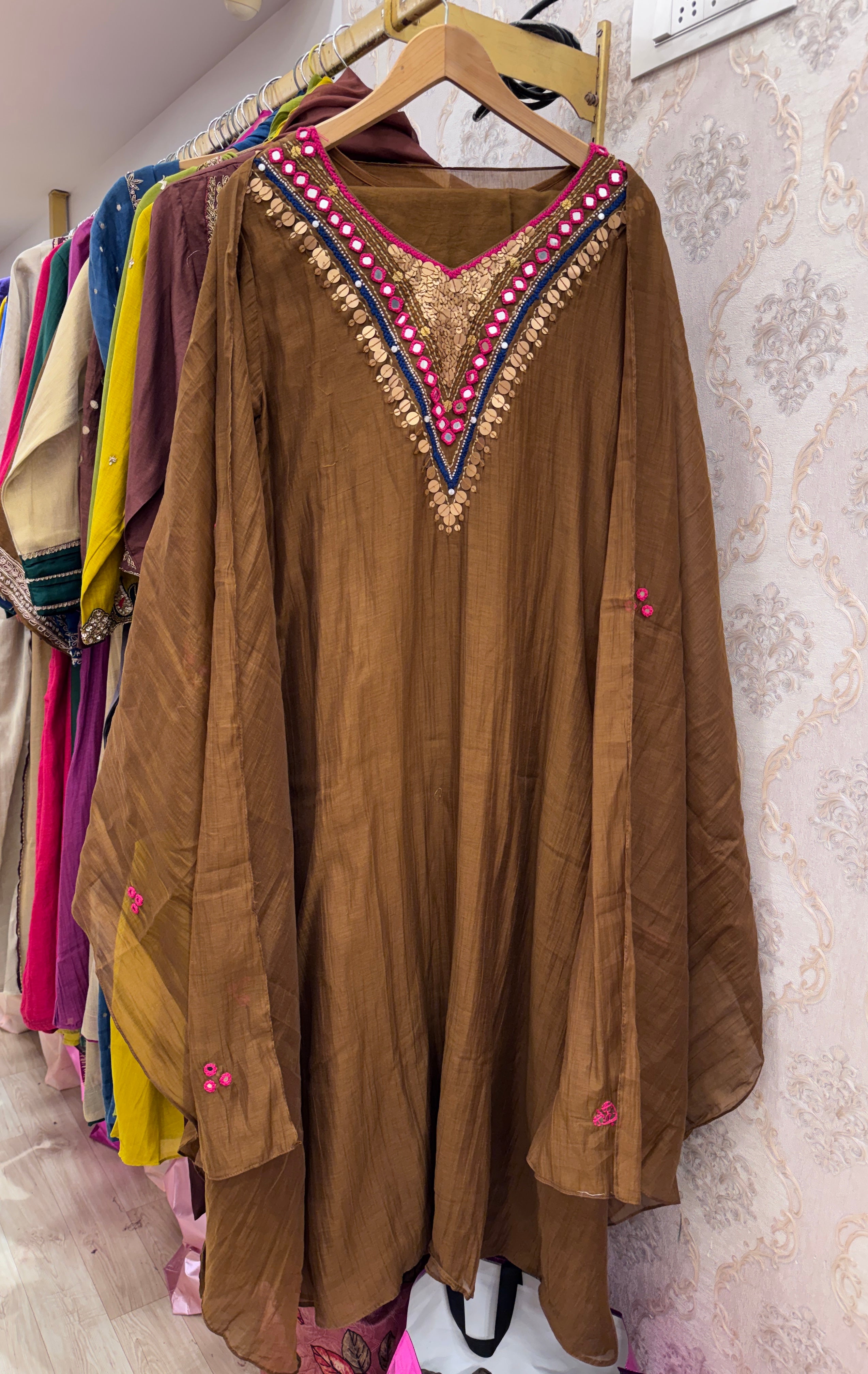Hiya Mul Chanderi Mirror Work Dress- Golden Brown