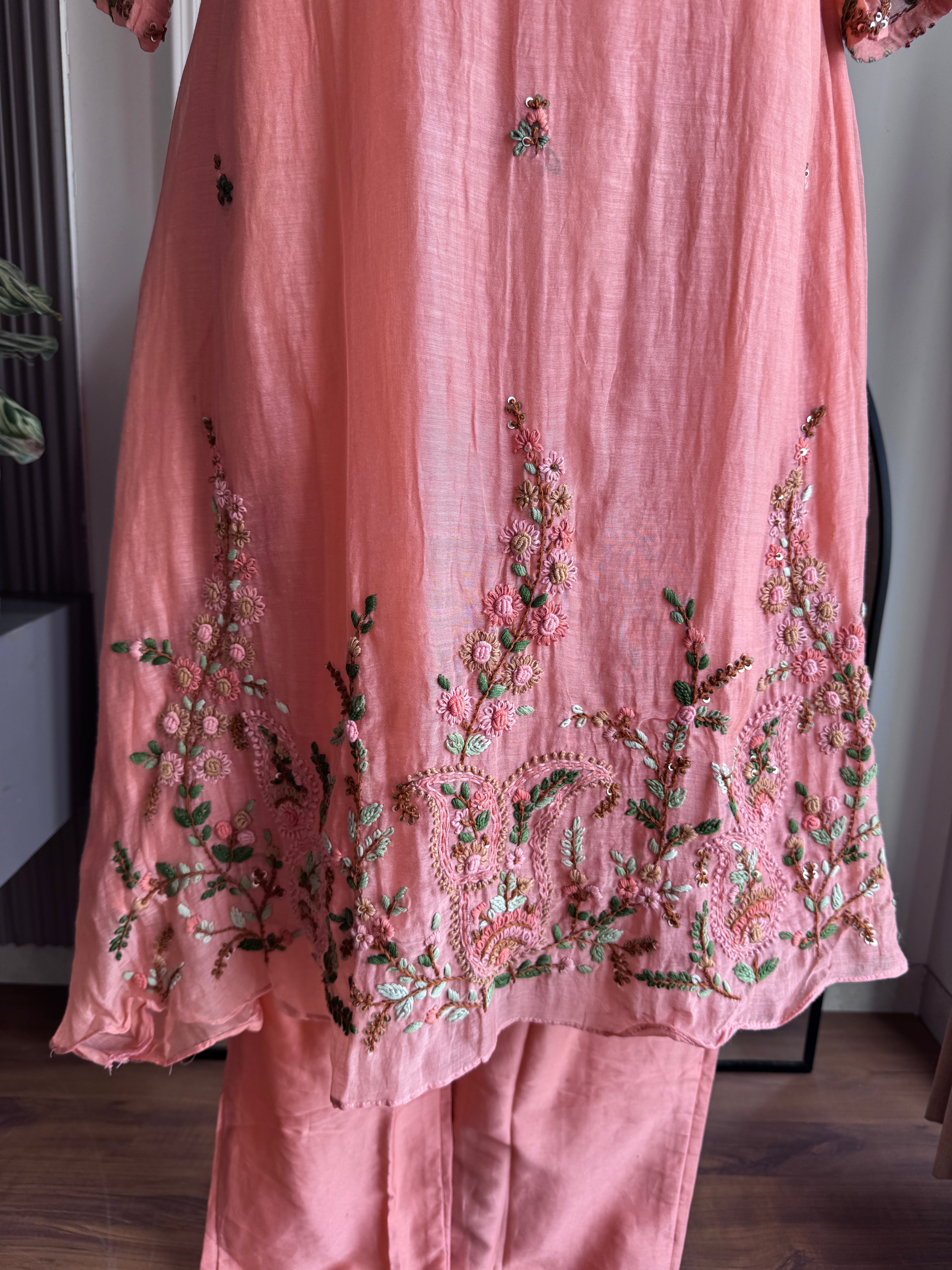 Hrida Katha Work Mul Chanderi Dress- Peach (Make to Order)