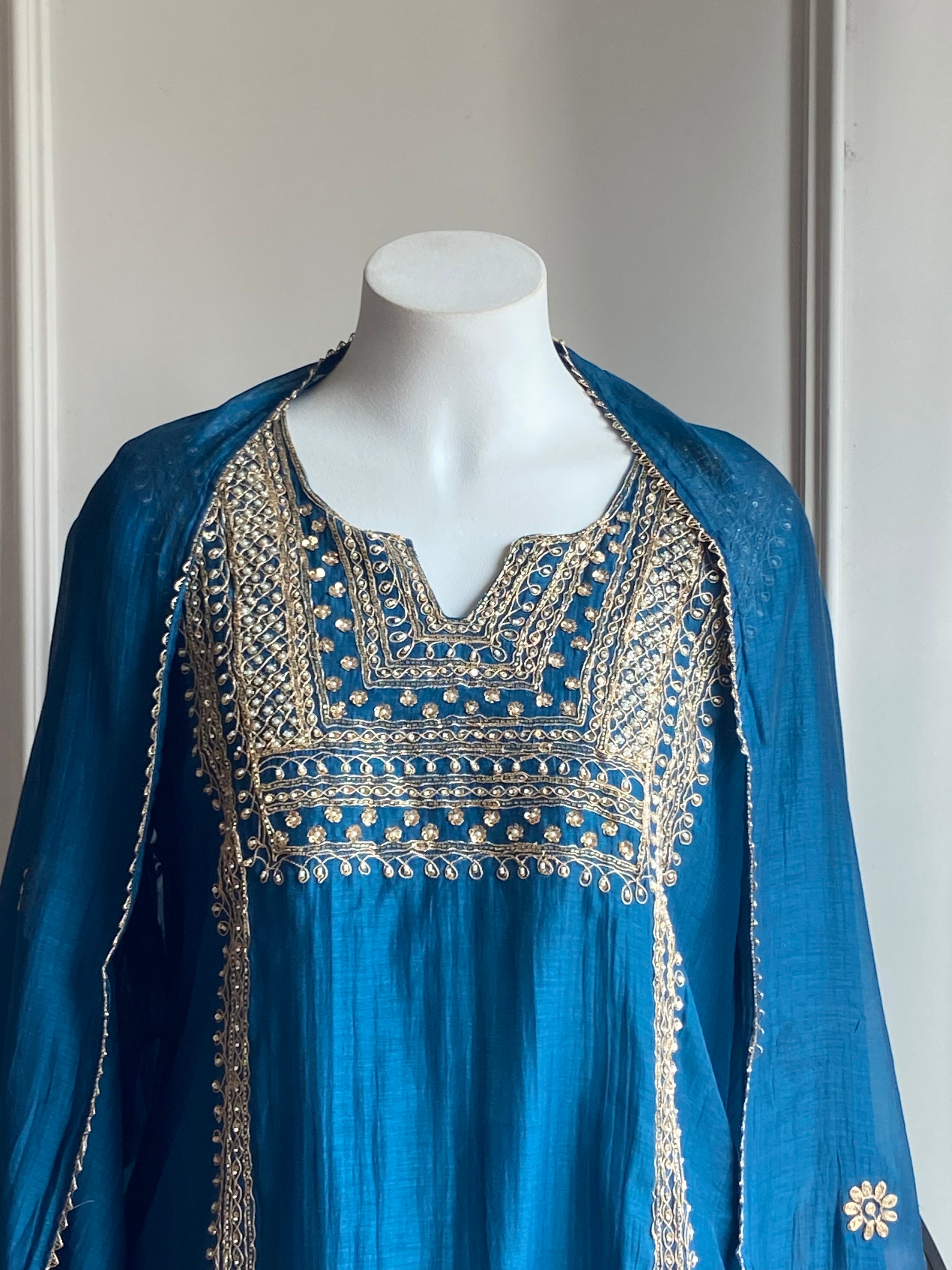 Twinkle Hand Work Mul Chanderi Dress- Blue