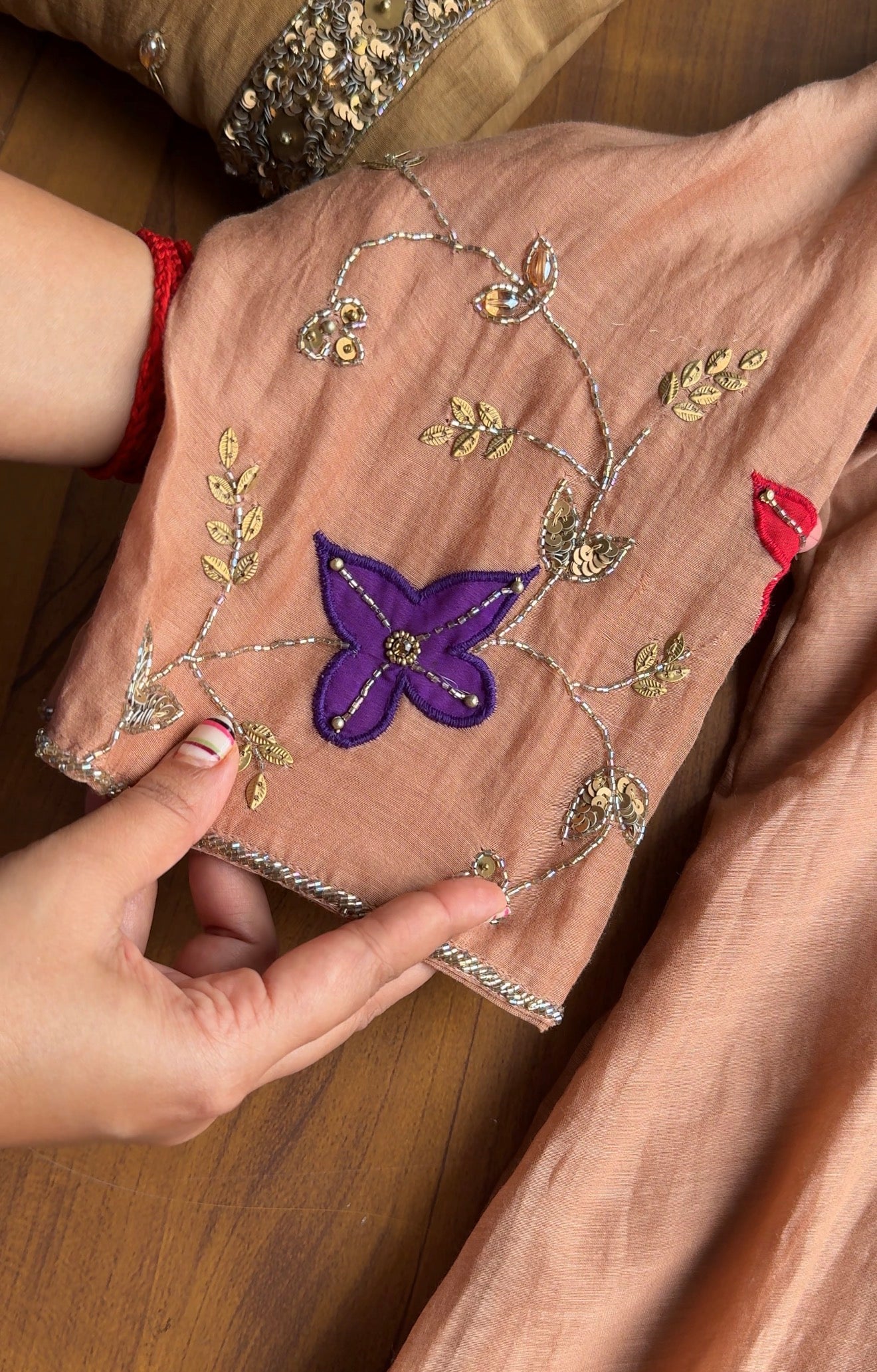Janki Box Neck Handwork Dress-Peach