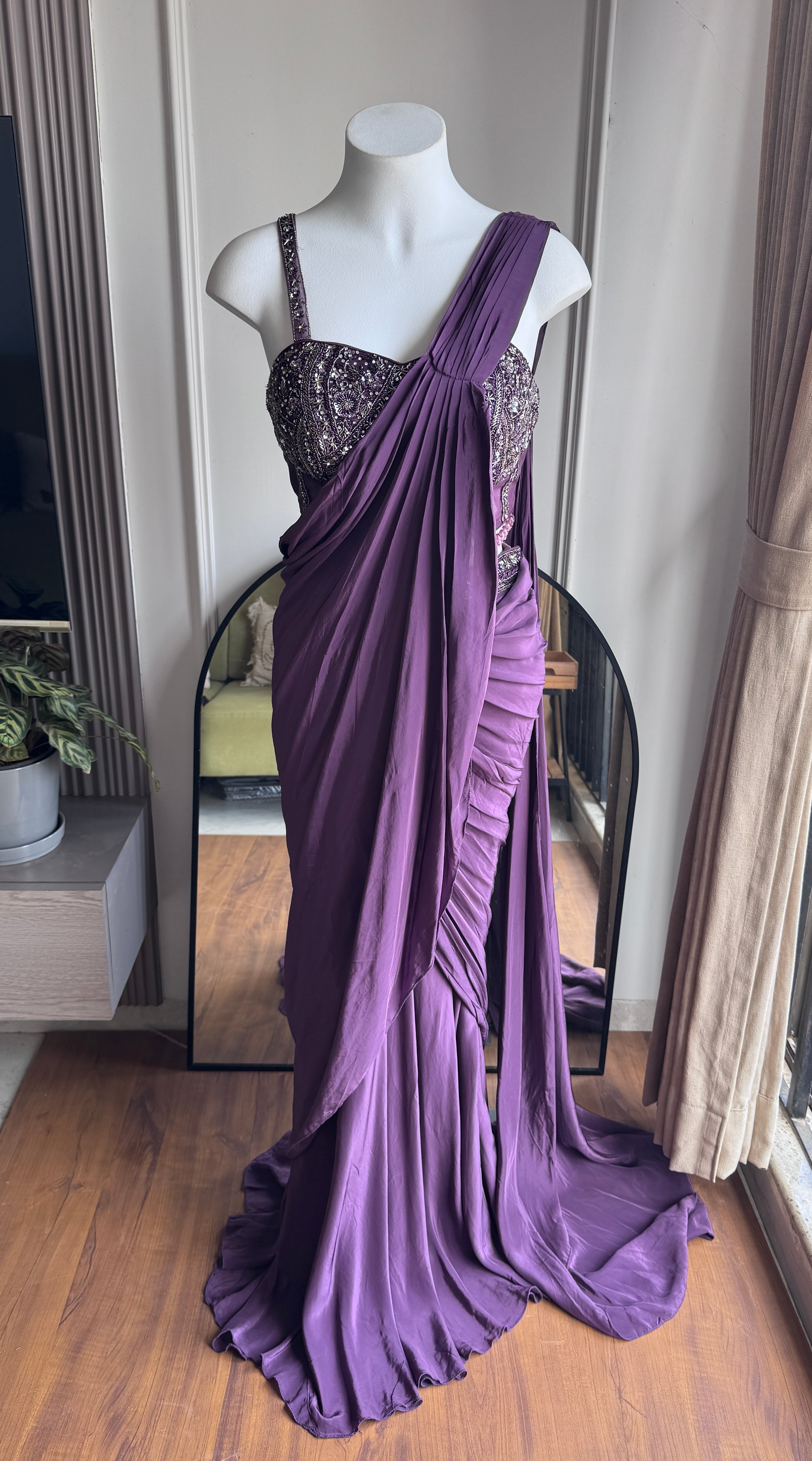Lata Handwork Drape Saree Set- Wine