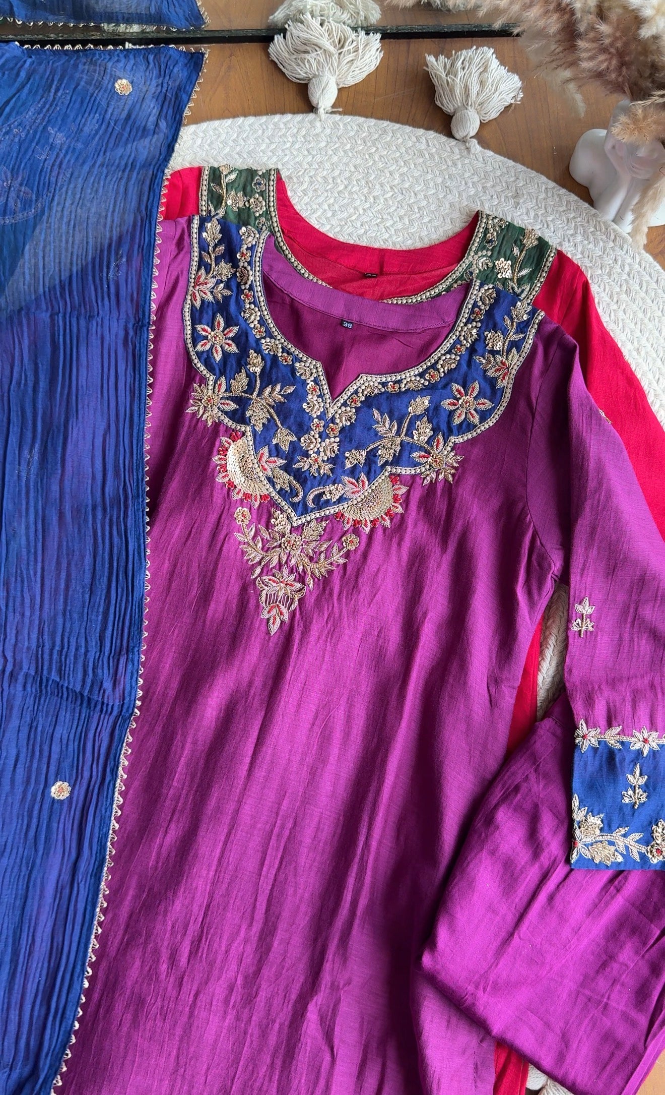 Moksha Mul Chanderi Handwork Dress- Purple