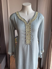 Siyu Tissue Short Kurta With Pant Dress- Dusty Blue