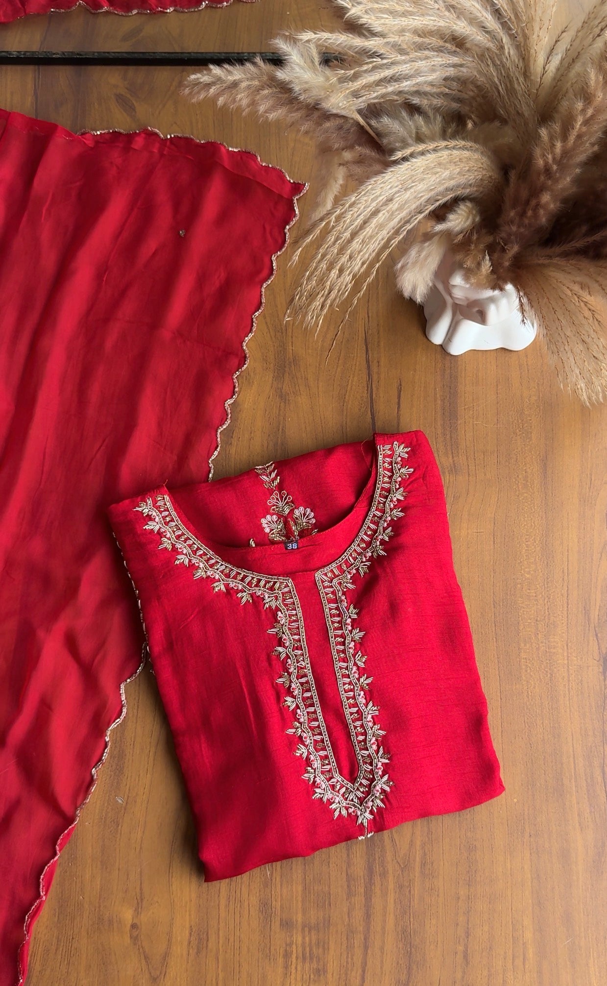 Handzardosi Work Short Kurta Plazo Set- Red