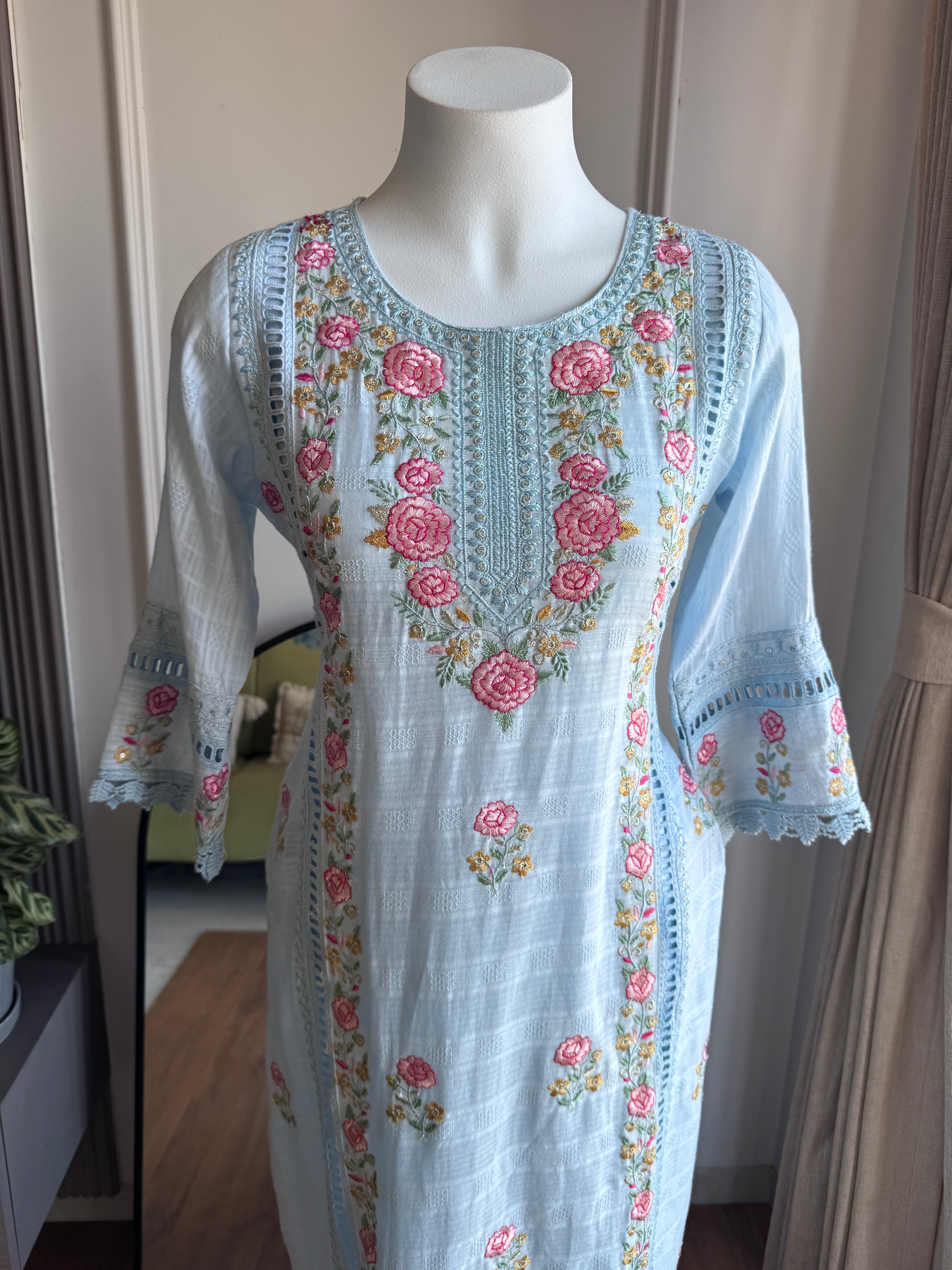 Hrishika Embroidered Rose  Dress- Sky Blue