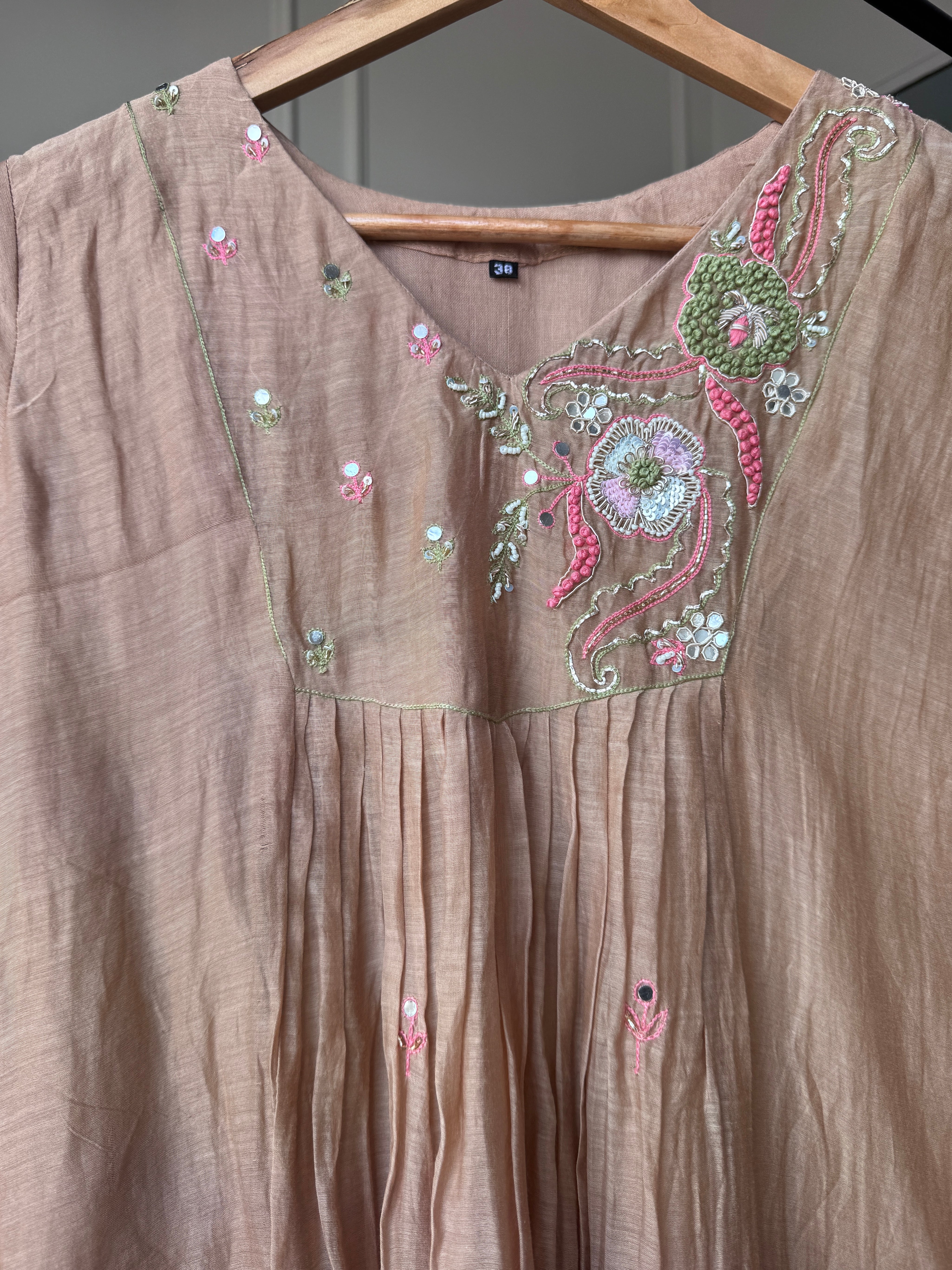 FarheenHandwork Mul Chanderi Dress- Beige