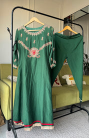 Tara Handwork Mul Chanderi Dress- Green