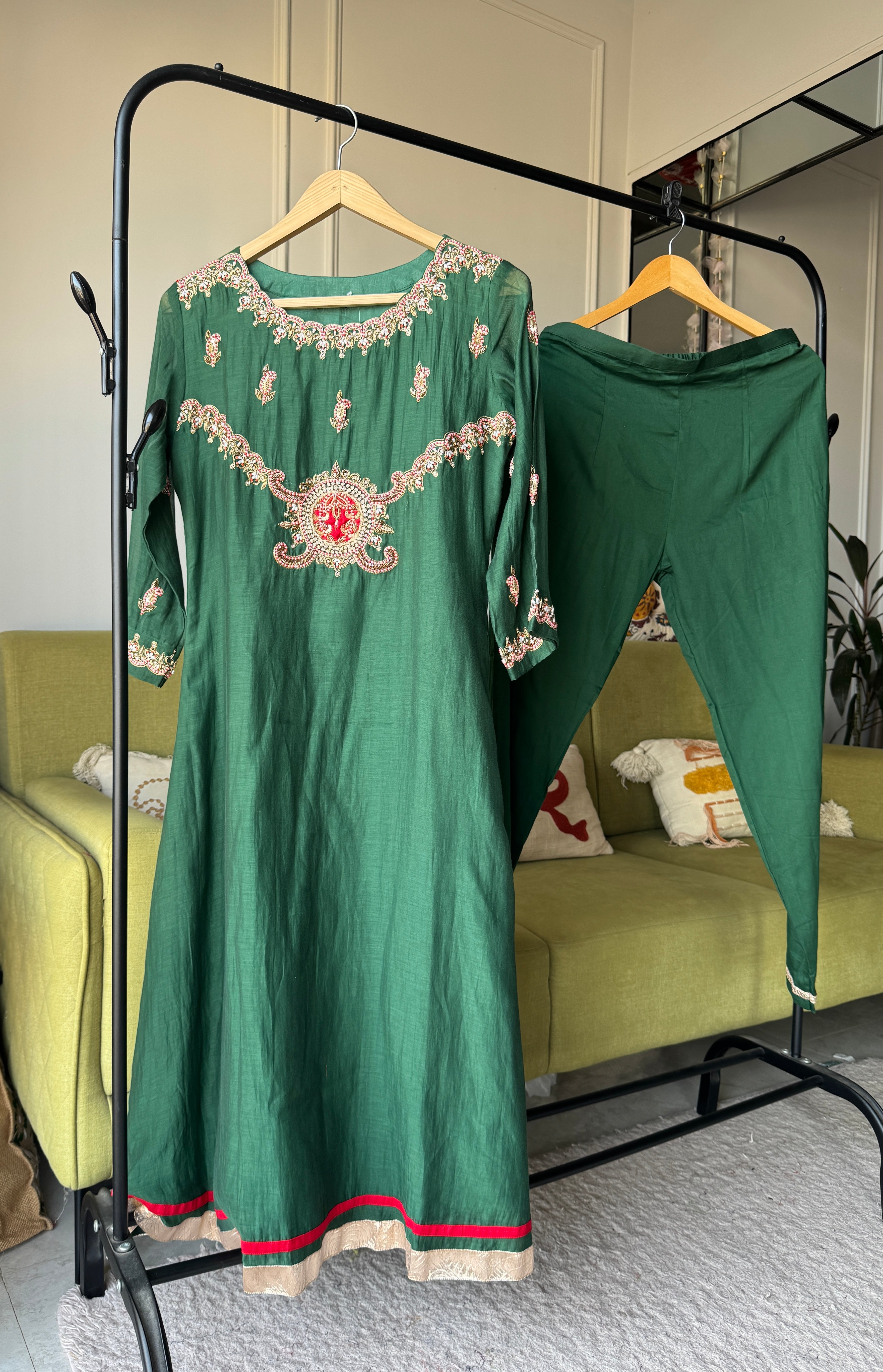 Tara Handwork Mul Chanderi Dress- Green