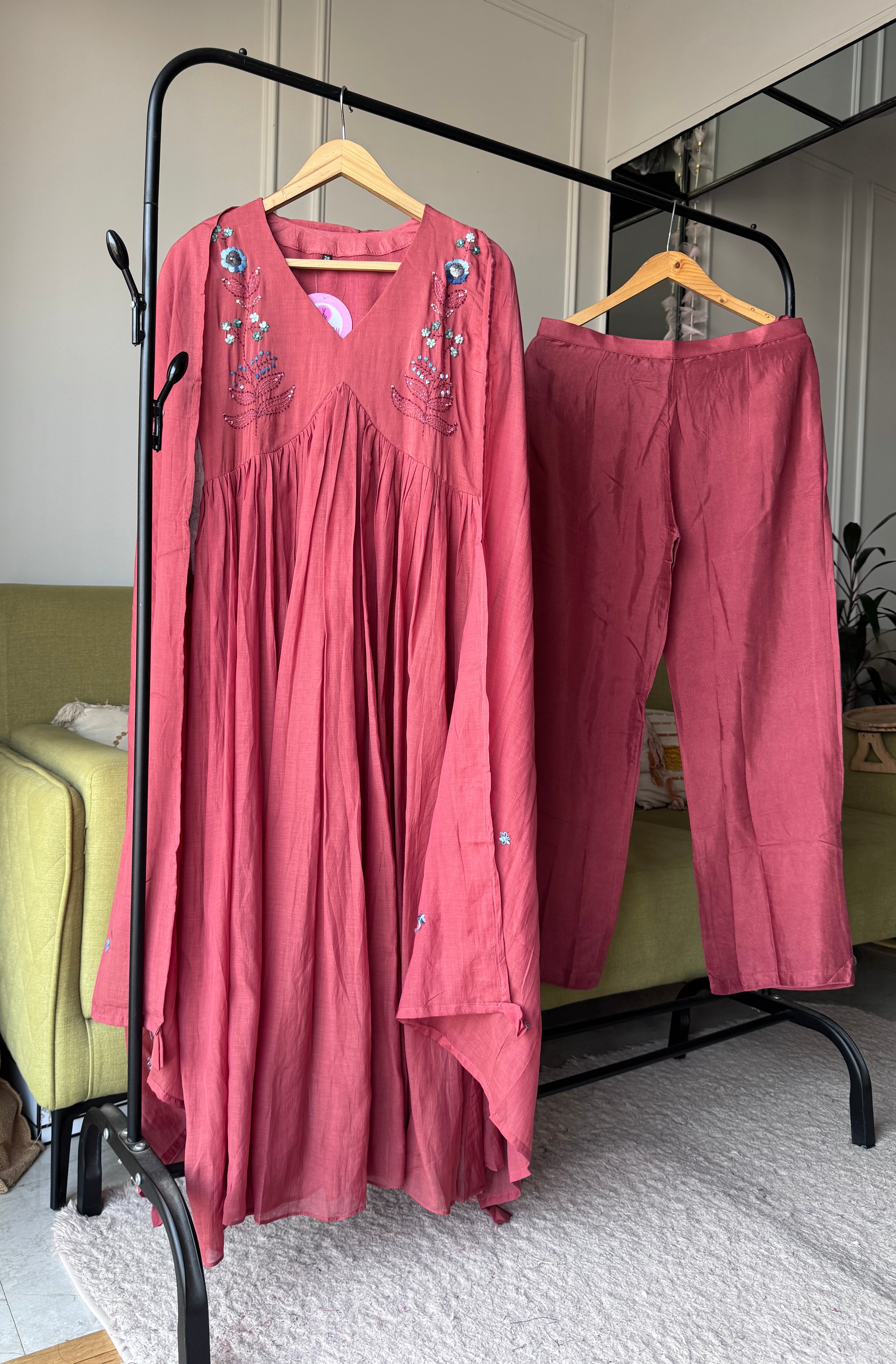 Shrishti Embroided Mul Chanderi Dress- Gajar