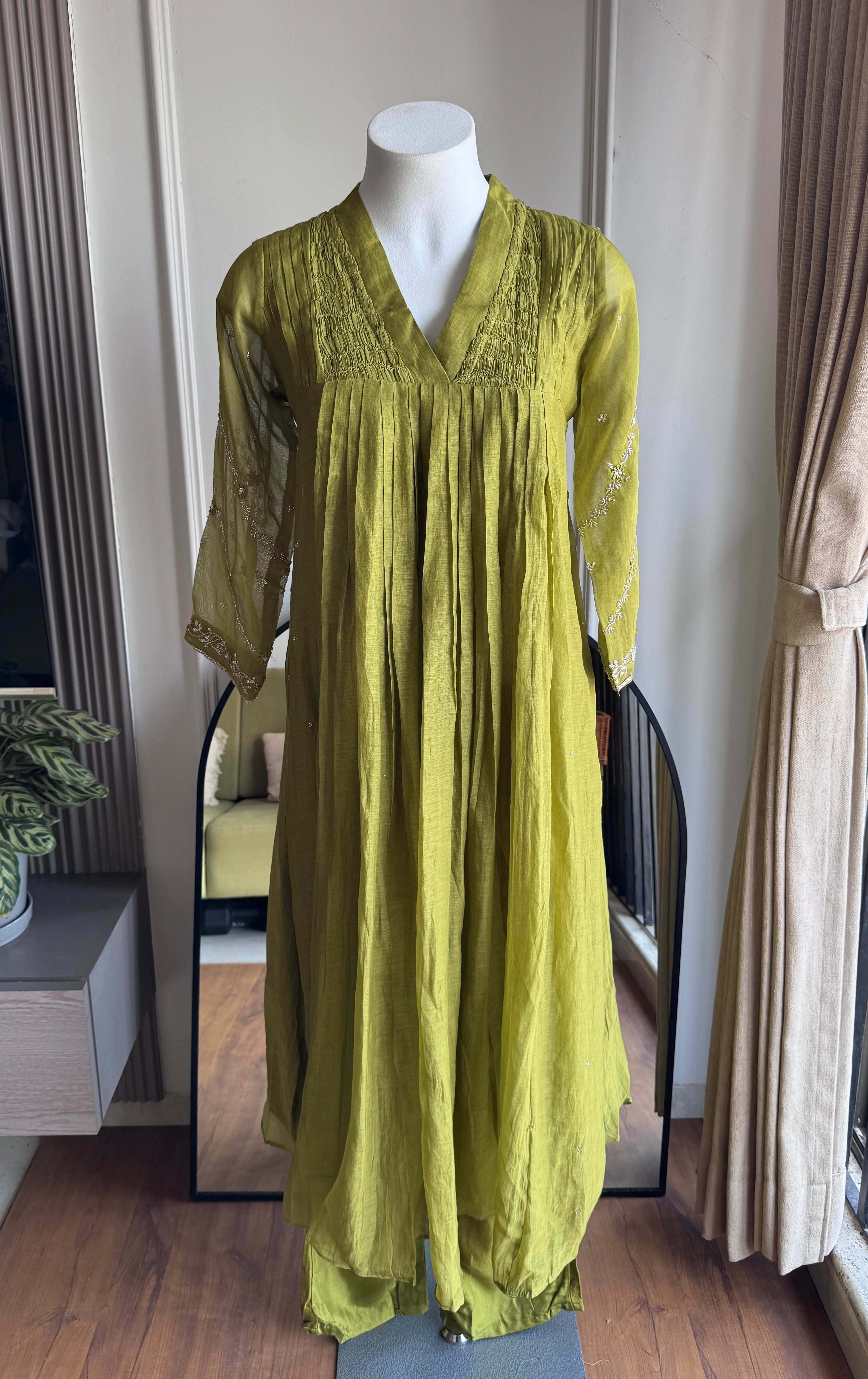 Tani Handwork Mul Chanderi Dress- Green