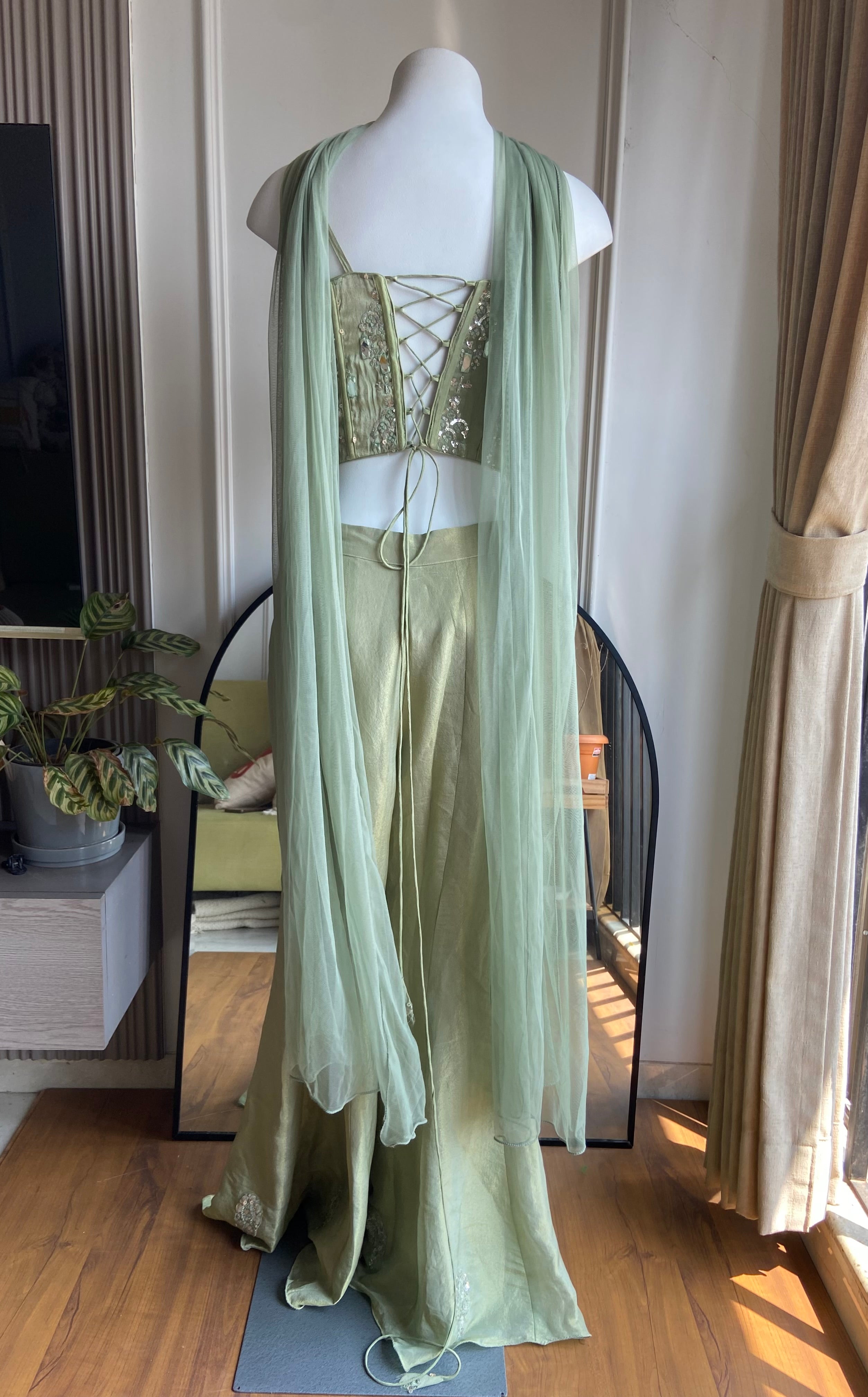 Swara Mirror Work Corset With Fish Cut Plazzo Coord Set- Pastel Green
