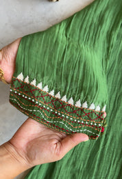 Chandrika Katha Work Mul Chanderi Dress- Green (Make to Order)