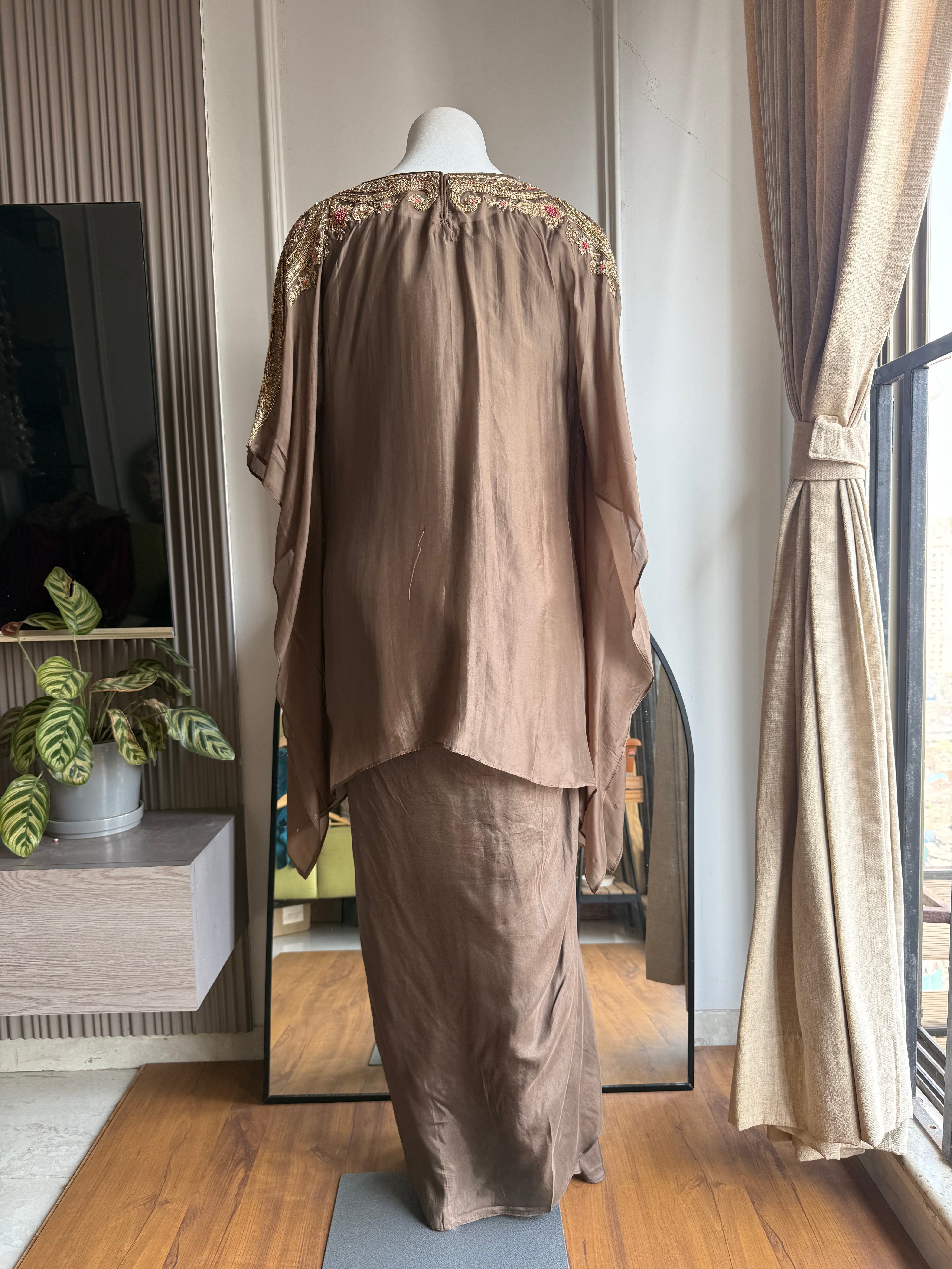 Malvika hand work jardozi kaftan short kurta with dhoti - Bronze