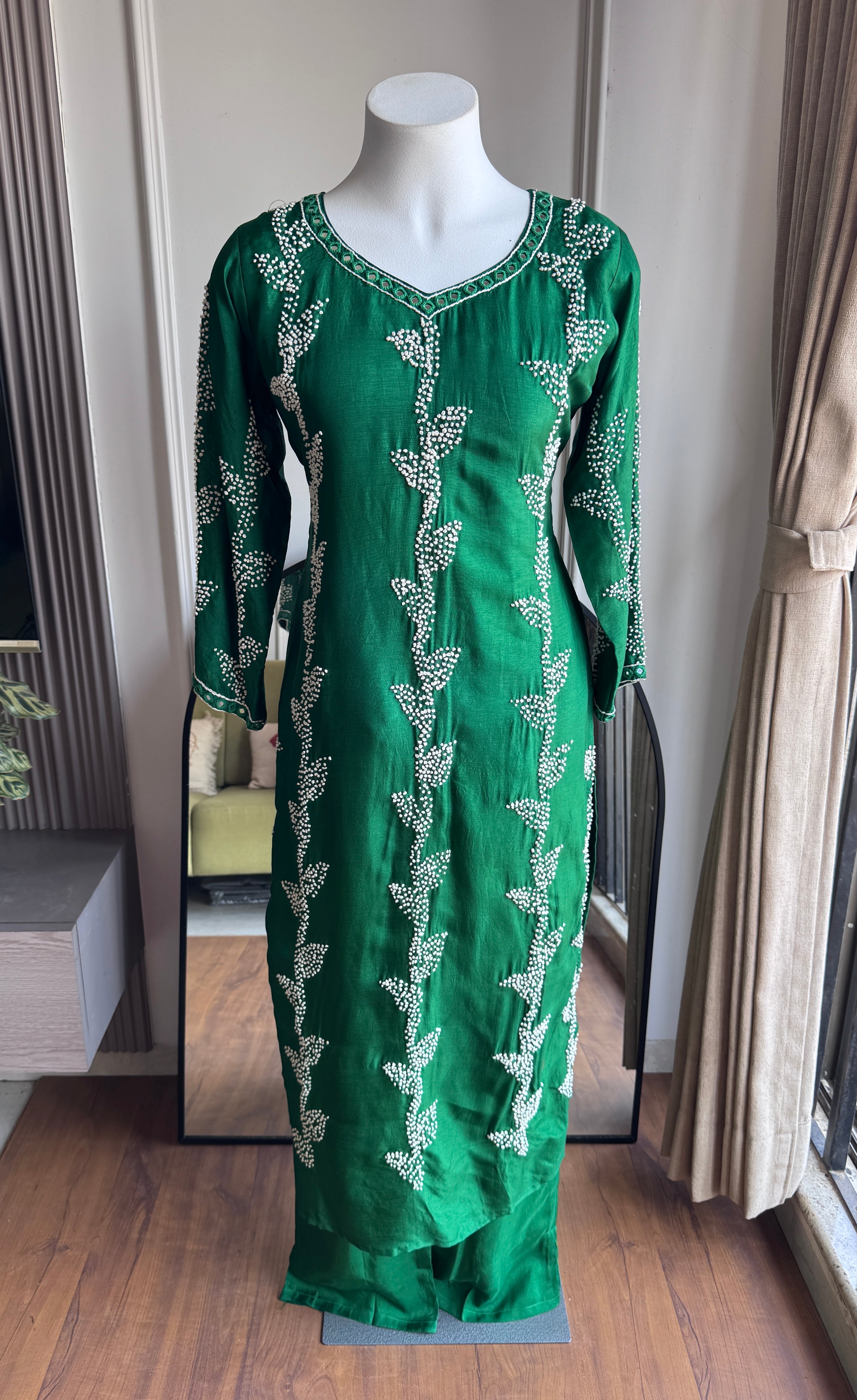 Sahita Knot Work  Straight Cut Dress-Green (Make to Order)