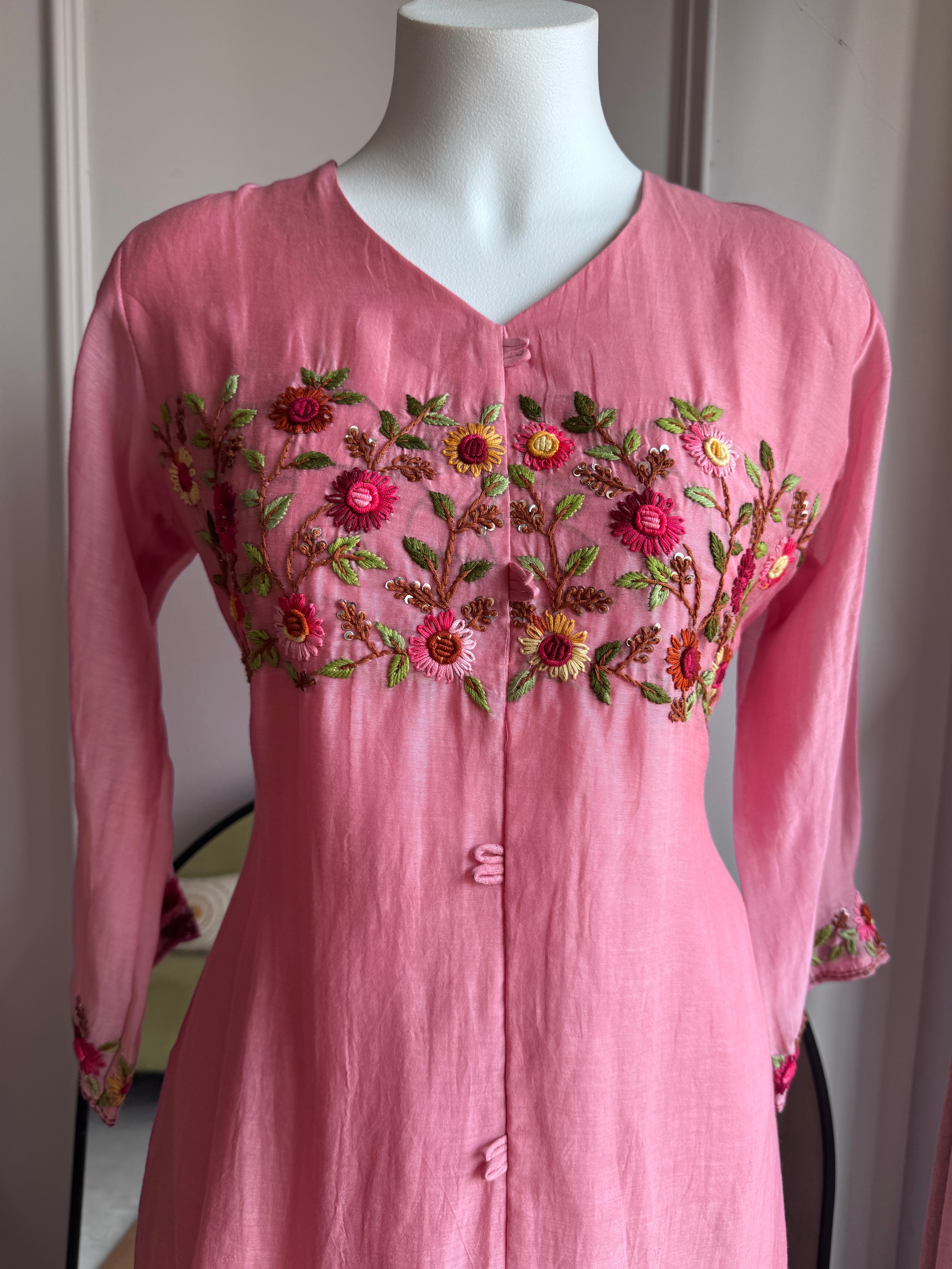 Nehal Embroided Mul Chanderi Dress- Pink (Make to Order)