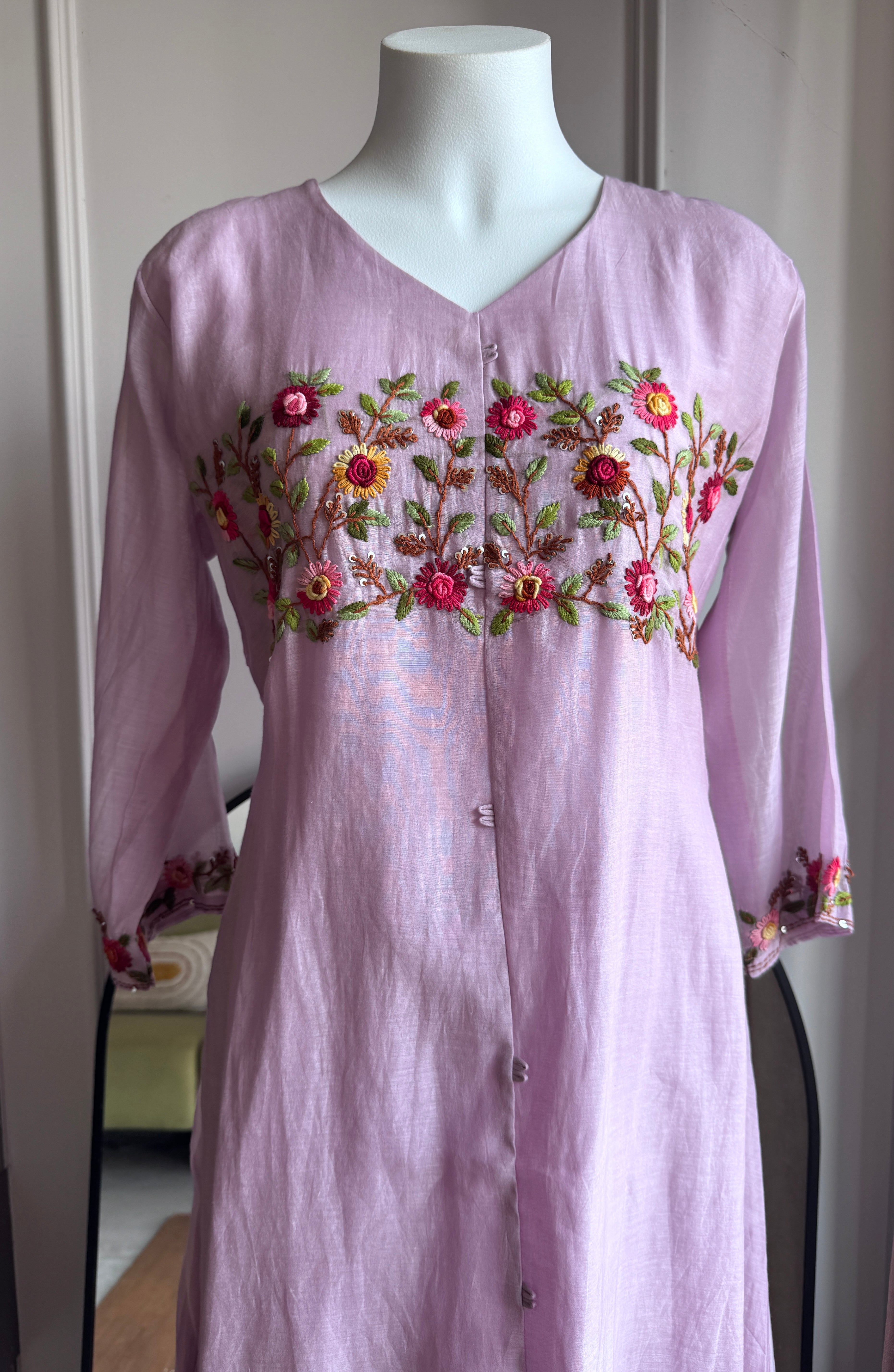 Nehal Embroided Mul Chanderi Dress- Lilac (Make to Order)