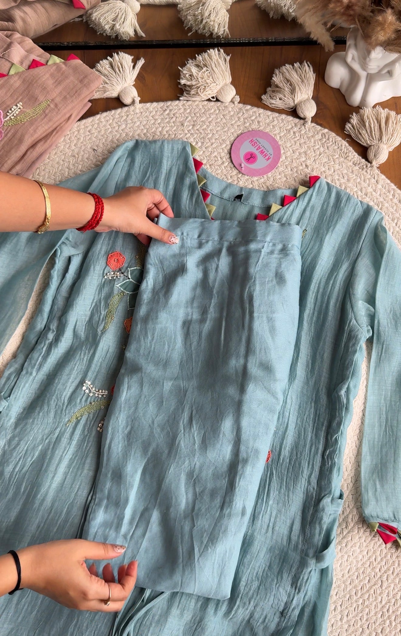 Riddhi Floral Embroidered Mul Chanderi Dress- Blue