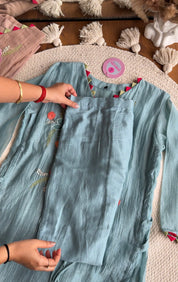 Riddhi Floral Embroidered Mul Chanderi Dress- Blue