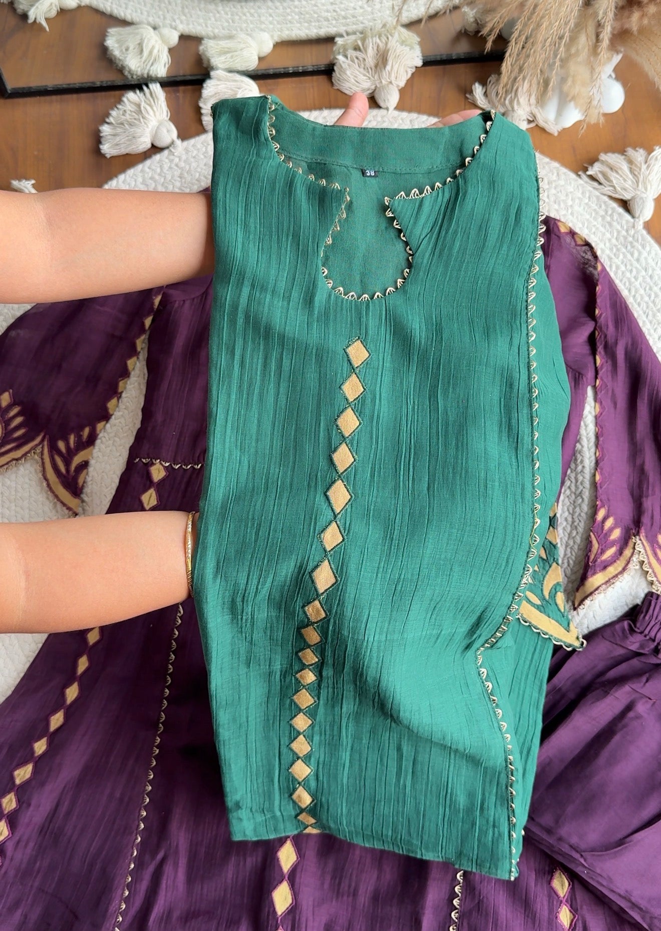 Vrutti lotus appliqué and cutwork aline dress- Green