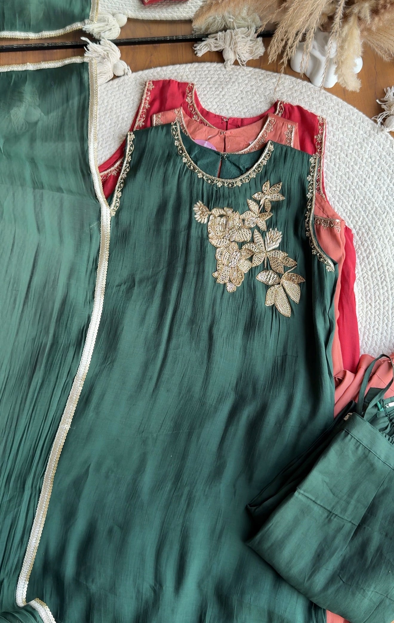 Siona Short Kurta Hand Work Dress With Sleeve Option- Green