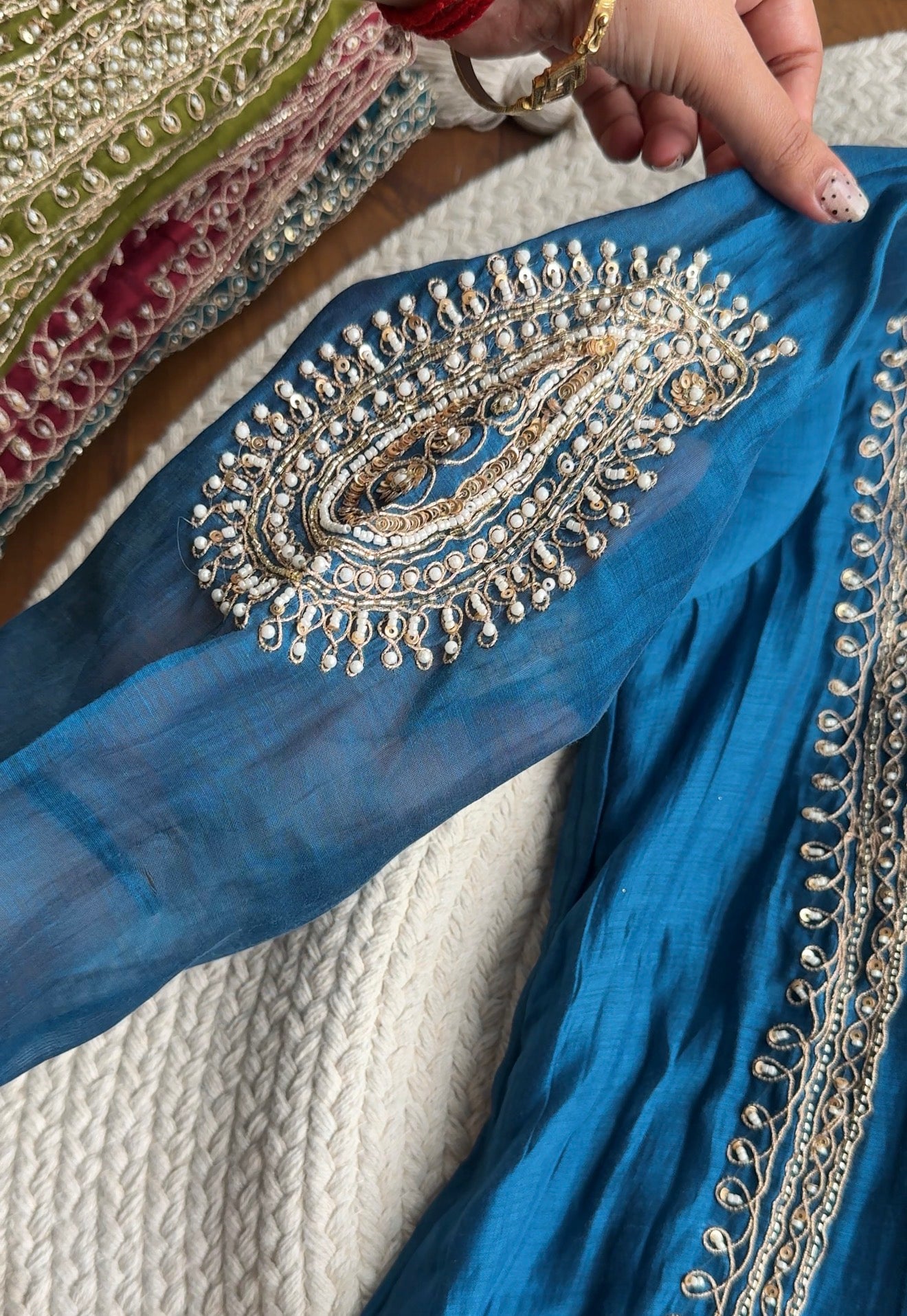 Twinkle Hand Work Mul Chanderi Dress- Blue