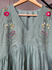 Shrishti Embroided Mul Chanderi Dress- Rama Green